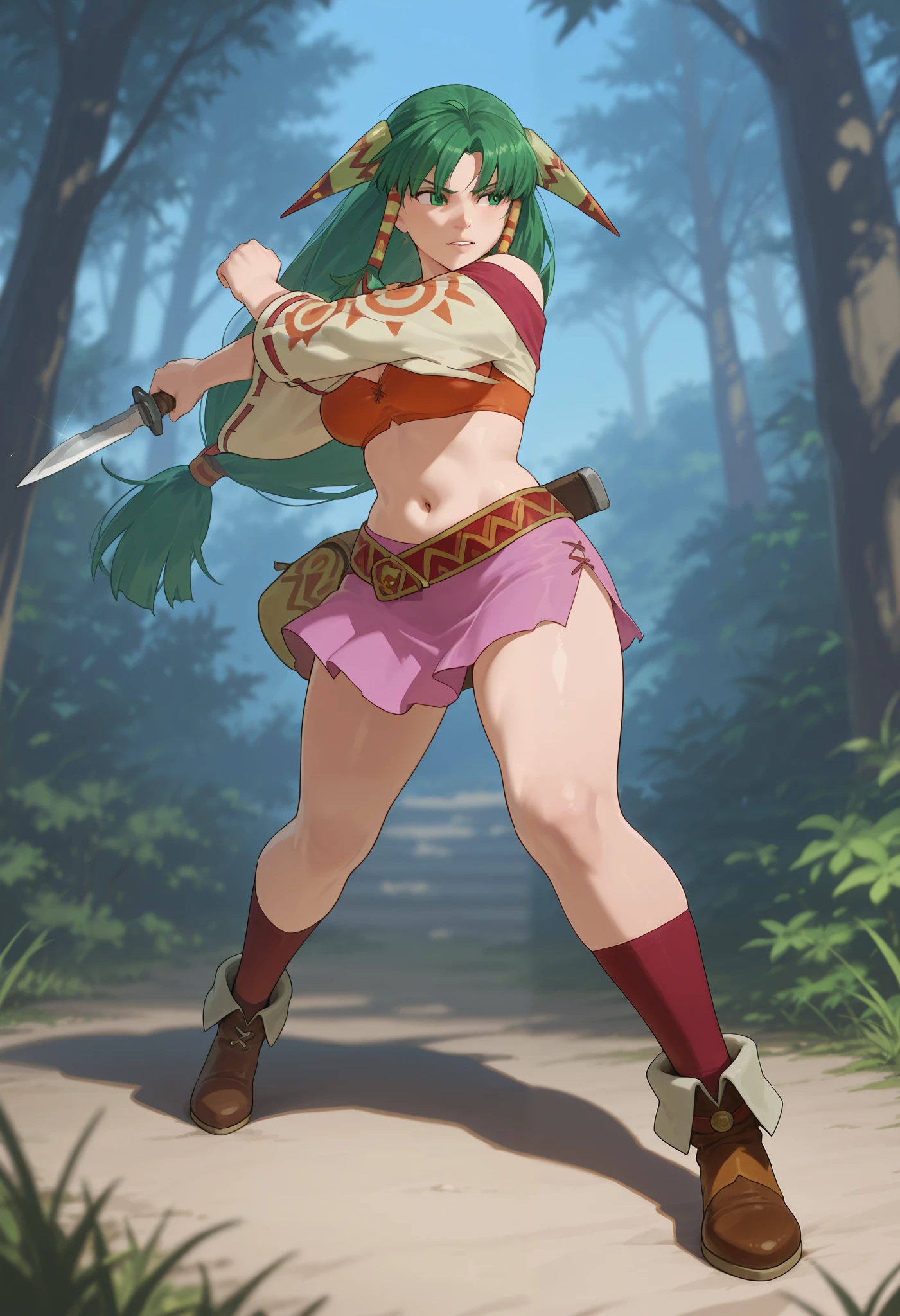 26 yo, face look alike to feena from \(Grandia\), Beautiful Mature young milf, (mature woman with lean perfection abdomen), sweet sweet expression, confident, large natural breasts, Curvy body, (outdoor-holding a jewel-addorned knife with 1hand - ready to fight a pack of wolves in fantasy classic Grandia settings), battle stance, solo, 1girl, BREAK, She wears an orange bra top that leaves her abdomen exposed, paired with a small short pink skirt held up by a thin red belt. Covering her arms is a tan-colored shawl adorned patterns on both sleeves. Her long green hair flows down her back, with some sections tied through two patterned hair accessories. She completes her ensemble with ripped red socks that extend past her knees and brown shoes featuring tribal patterns similar to those on her belt and shawl, official arts, dynamic jrpg view, (dynamic cinematic angles), fantastic fantasy vibrant background, fighting monsters,