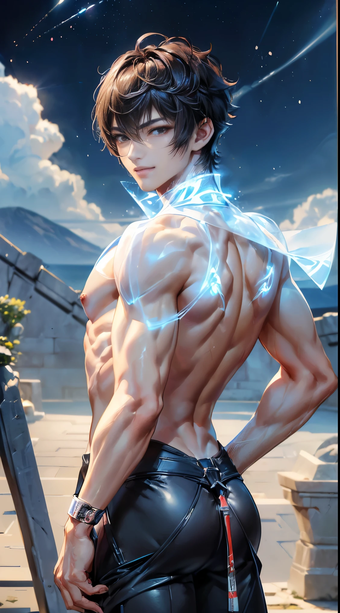 (4K works))、masterpiece、(top-quality)、((high-level image quality))、((One Manly Boy))、Slim body、((Attractive and sexy)、(Detailed beautiful eyes)、Face similar to Chaewon in Ruseraphim、((short hair))、((Smaller face))、((Neutral face))、((Light brown eyes))、((Korean boy))、((18year old))、((Handsome man))、((Teeth and smile expression))、((Korean Makeup))、((elongated and sharp eyes))、((photo of a Greece model))、Professional Photos、((Shot alone))、Muscular man with black hair, handsome face, ((Greek god body)), small waist, Dressed in a small wet white thong and a huge bulge underneath, Clearly elegant short hair, within ancient Greek time, Flowers and mist around、((He stands in front of the viewer))、((Shot diagonally up from the front)) mostly nude showcasing his great body, ((perfect proportional body)), showings beautiful ass, turn backside, backbody view, ((round buttocks)).