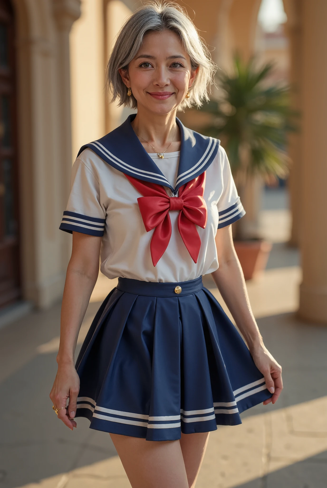 photorealistic、 full body image 、 70-year-old Japanese old woman 、Beautiful Old Female Warrior Sailor Uranus 、Wedding Rings、Petite, skinny, and poor 、 fine wrinkles, freckles, and moles on the skin 、 shy laugh 、 looking at the camera、 Beautiful Royal Palace of Uranus Illuminated by the Dazzling Sun、Sailor Uranus Costume、 cool pose 、 Golden Damaged Short Hair Dyed Gray 、Navy Pin Heels