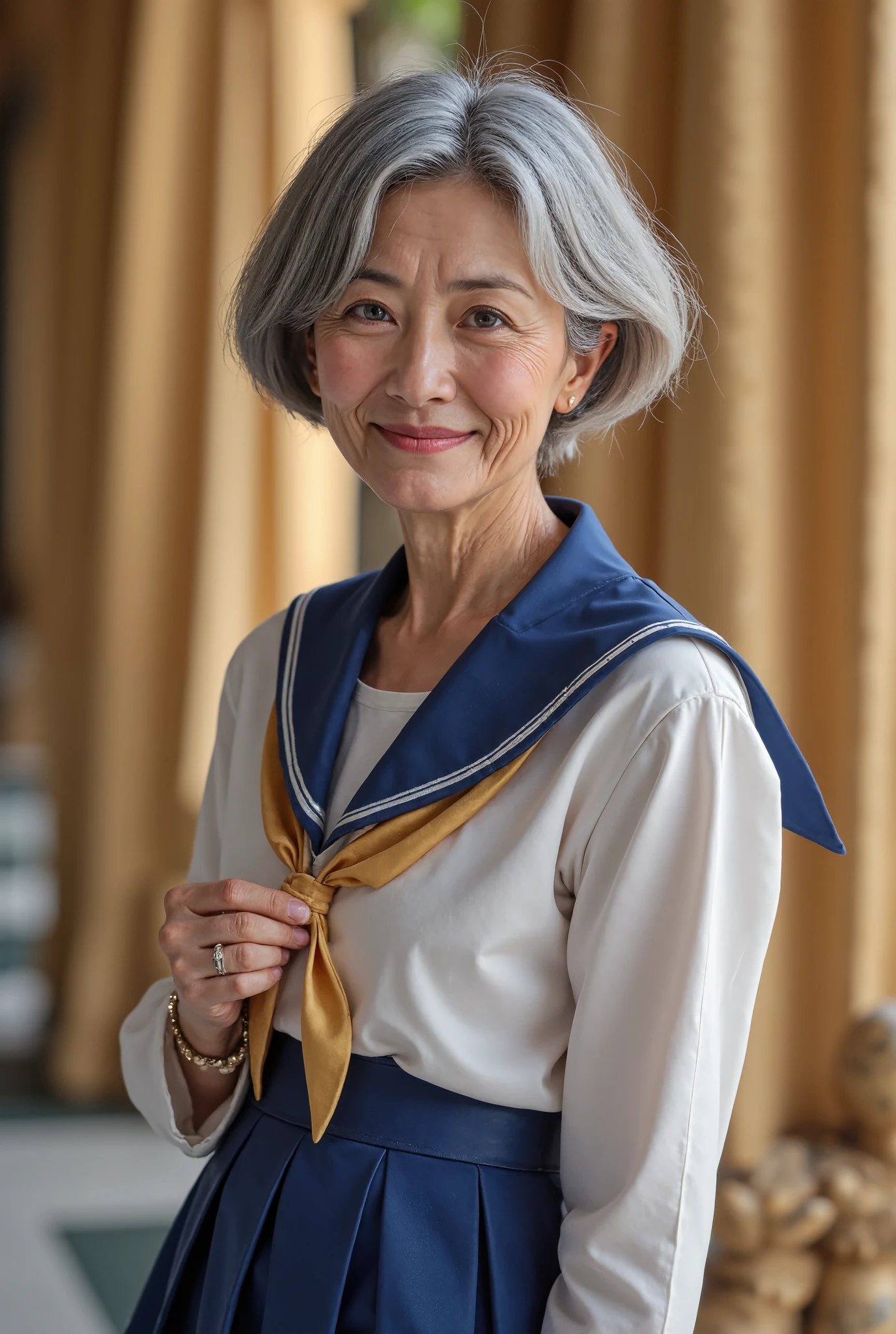 photorealistic、 full body image 、 70-year-old Japanese old woman 、Beautiful Old Female Warrior Sailor Uranus 、Wedding Rings、Petite, skinny, and poor 、 fine wrinkles, freckles, and moles on the skin 、 shy laugh 、 looking at the camera、 Beautiful Royal Palace of Uranus Illuminated by the Dazzling Sun、Sailor Uranus Costume、 cool pose 、 Golden Damaged Short Hair Dyed Gray 、Navy Pin Heels