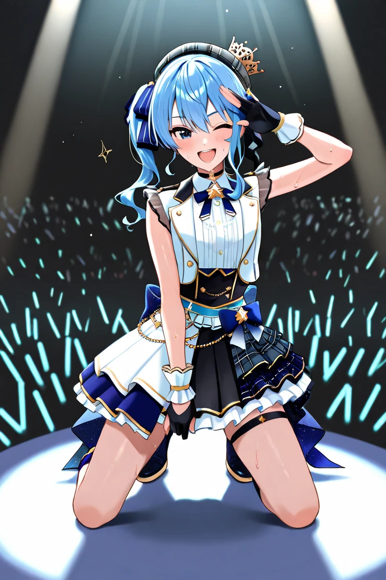 Hoshimachi Suisei, live stage, live performance, idol costume, high quality, fansa, wink, cute, spotlight, beautiful, bursting sweat