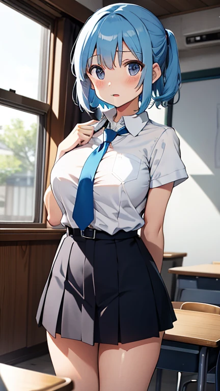 (8K、Top image quality、top-quality、masterpiece)、1 girl in、lightblue hair、Medium hair、Red eyes、piercings、A slight smil、Moderately breasts、White shirt、Dark blue pleated skirt、Put your hands on your hips、cowboy shot、Classroom Background