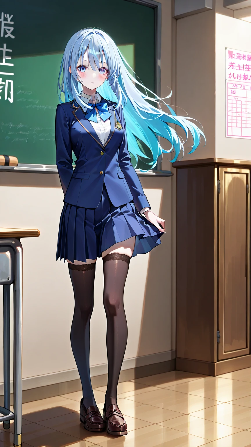 (((Stand with your feet apart)))、((Shiny underwear)))、Uniform Blazer、Beautiful beauty、Long light blue hair、((whole body))、(((Photo taken from below)))、School、classroom、Large Breastini skirt、Panties are black lace、Japanese、expensive、Long limbs、Hairstyle Twin tails、18-year-old