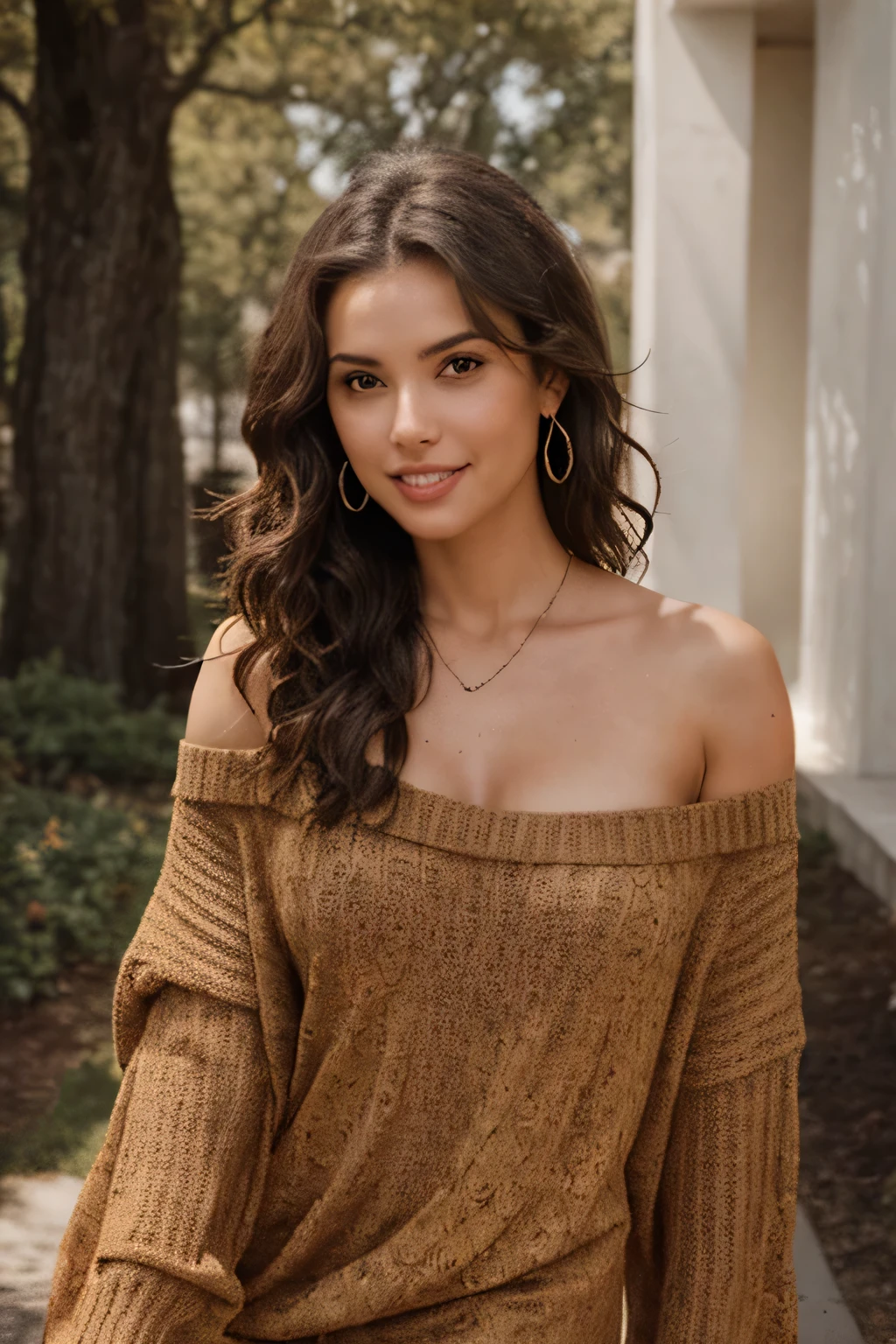 Half-length glamour portrait, nikon D850, f1.6 lens, 200mm, DSLR, 22 Megapixels, (((Elegant hotel suite scene))), shot of a stunning 20 years old portuguese girl, (smile:1.4), (wearing light brown Knit sweater with skinny jeans:1.6), ((seductive pose)), hot girl, (((big natural breasts))), (((brown ponytail hair))), (small girl), symmetrical face, photorealistic, photography, (bright natural lighting), gorgeous, deep cleavage, (masterpiece), best quality, high resolution, extremely detailed, cinematic lighting, (((very narrow waist))), rich colors, hyper realistic, lifelike texture, ((jewelry)), (((She has beautiful hands and wears rings))), (bracelet), (necklace), (ankle chain), (nail polish) (earrings), Fuji Superia 200, 8k
