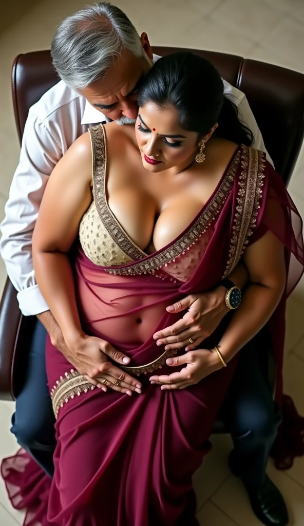 a 50-year-old shirtless man affectionately hugging and kissing aradiant, full-figured South Indian plus-sized 30 year old teacher wearing a cream silky saree in dressing room, captured in a full-body image with vibrant hues and meticulous details. Full body image