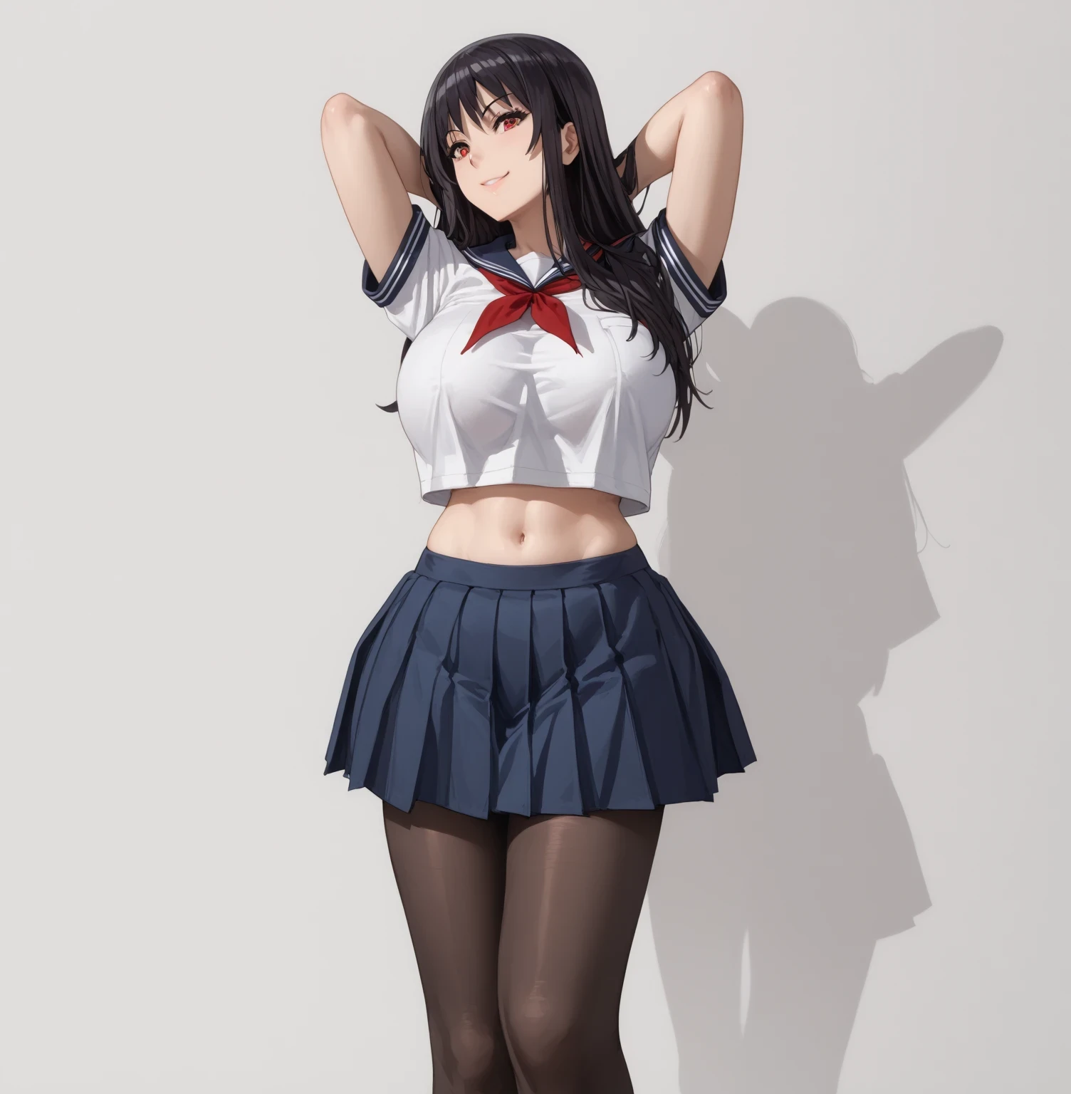 Source anime, Tall girl,score_9, score_8_up, score_7_up, score_6_up, uncensored, claire kagenou, long hair, black hair, red eyes, huge breast,thighs, 1girl, solo, skirt, pantyhose, long_hair, school_uniform, blue_skirt, breasts, navel, pleated_skirt, midriff, black_hair, serafuku, red_neckerchief, neckerchief, crop_top, shirt, short_sleeves, black_pantyhose, arms_behind_head, large_breasts, smile, white_shirt, arms_up, brown_eyes, sailor_collar, parted_bangs, grey_background, standing, feet_out_of_frame, simple_background, blue_sailor_collar, looking_to_the_side