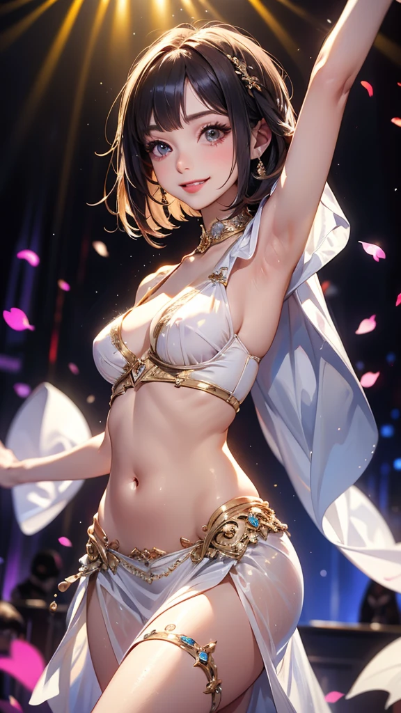 absurdres, RAW photo, extremely delicate and beautiful, masterpiece, Best Quality, ultra high resolution, 32k, hyperrealistic, ultra-detailed, perfect anatomy, anatomically correct, perfect figure, super Detailed skin, pale skin, 20 years old, very Slim body, narrow waist, very small head, very small face, delicate facial features, detailed face, detailed eyes, tearful mole, earring, thin legs, bare legs, ((very huge round breasts)), short medium hair, ((wavy hair)), wet clothes, ((Belly dancer costume)), ((face veil)), anklet,
