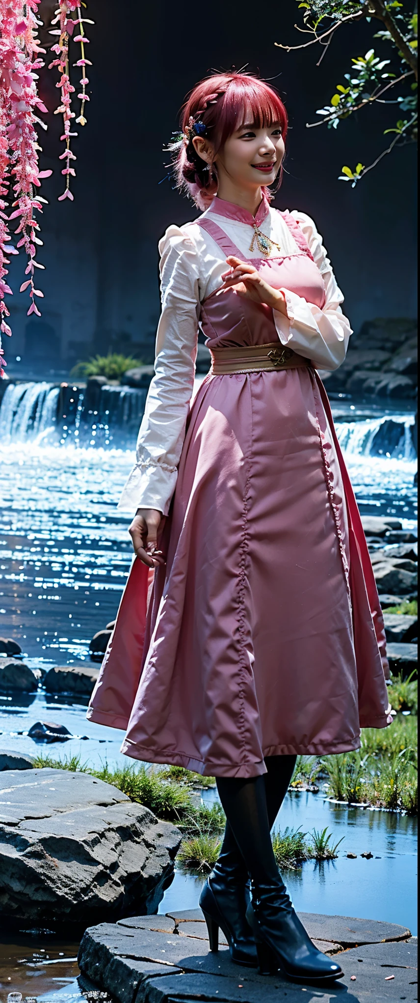 High resolution, long hair, gazing, pink crystal hair, multi-colored hair, braided bangs, long elf-like ears, pixie lit by waterfall and sky background, smiling, showing teeth, wearing ao dai, fashionable, smiling, showing teeth, full body detail, various perspectives, profile characterSheet. Action painting, character sheet full body, cinematic lighting, glowing light, backlighting, moving chart, panorama, multiple views, perspective.