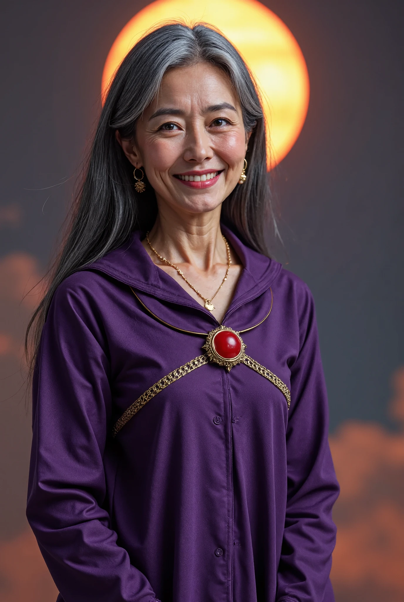 photorealistic、 full body image 、 70-year-old Japanese old woman 、 Beautiful Old Woman Warrior Sailor Saturn 、Wedding Rings、Petite, skinny, and poor 、 fine wrinkles, freckles, and moles on the skin 、 shy laugh 、 looking at the camera、 Beautiful Royal Palace of Saturn Illuminated by the Dazzling Sun、Sailor Saturn Costume、 cool pose 、 Dark Purple Damaged Long Hair Dyed Gray 、Dark Purple Pin Heels