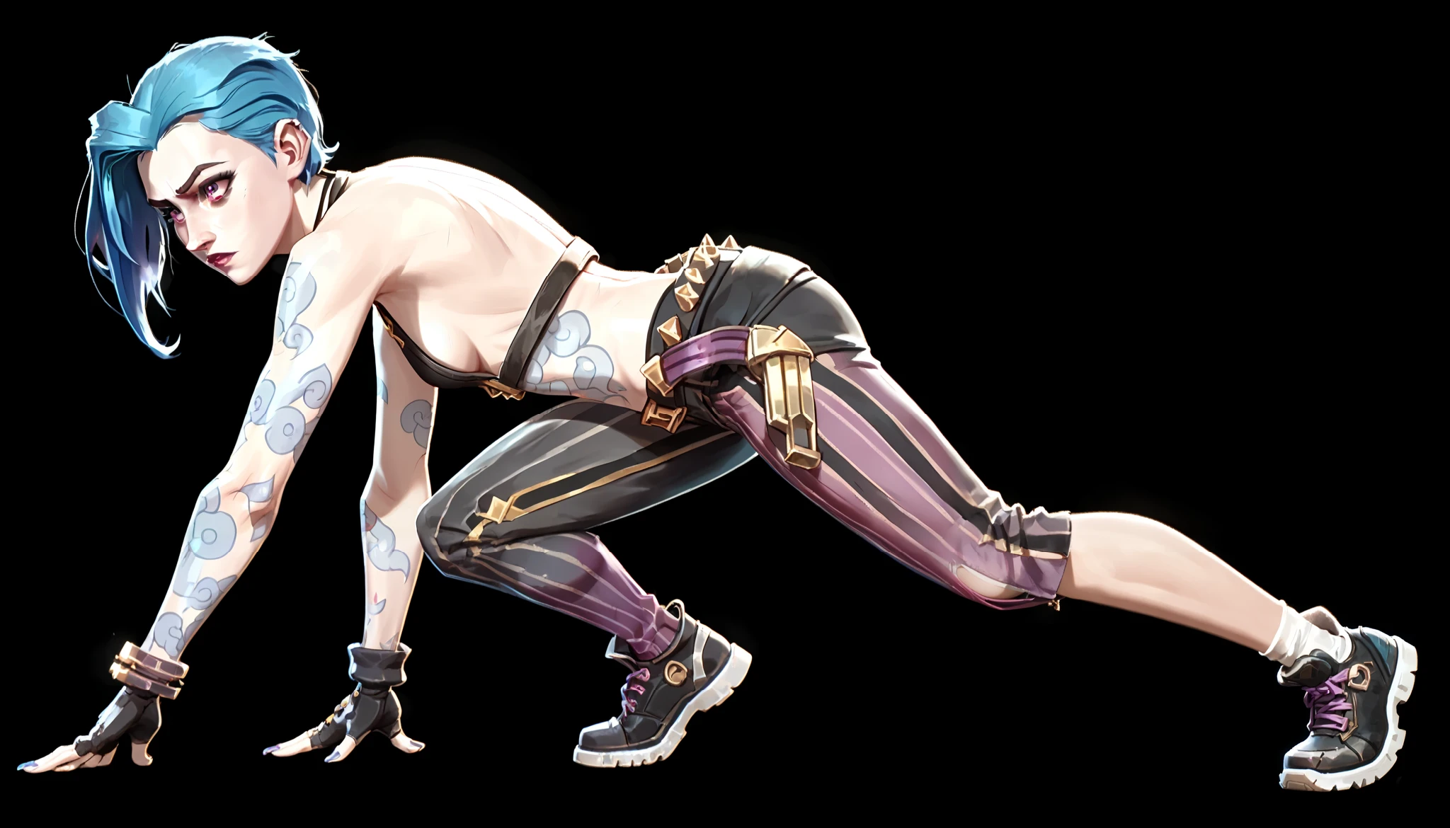 one woman, jinx from league of legends, (purple eyes:1.2), (grey skin:1.2), short hair, blue hair, (full body, push up exercise:1.3), (black background, clear background:1.5), (studio lights, deep shadows:1.3), (small chest, bare shoulders,, bare neck:1.2), (sideboob:1.4), (curious face:1.2)