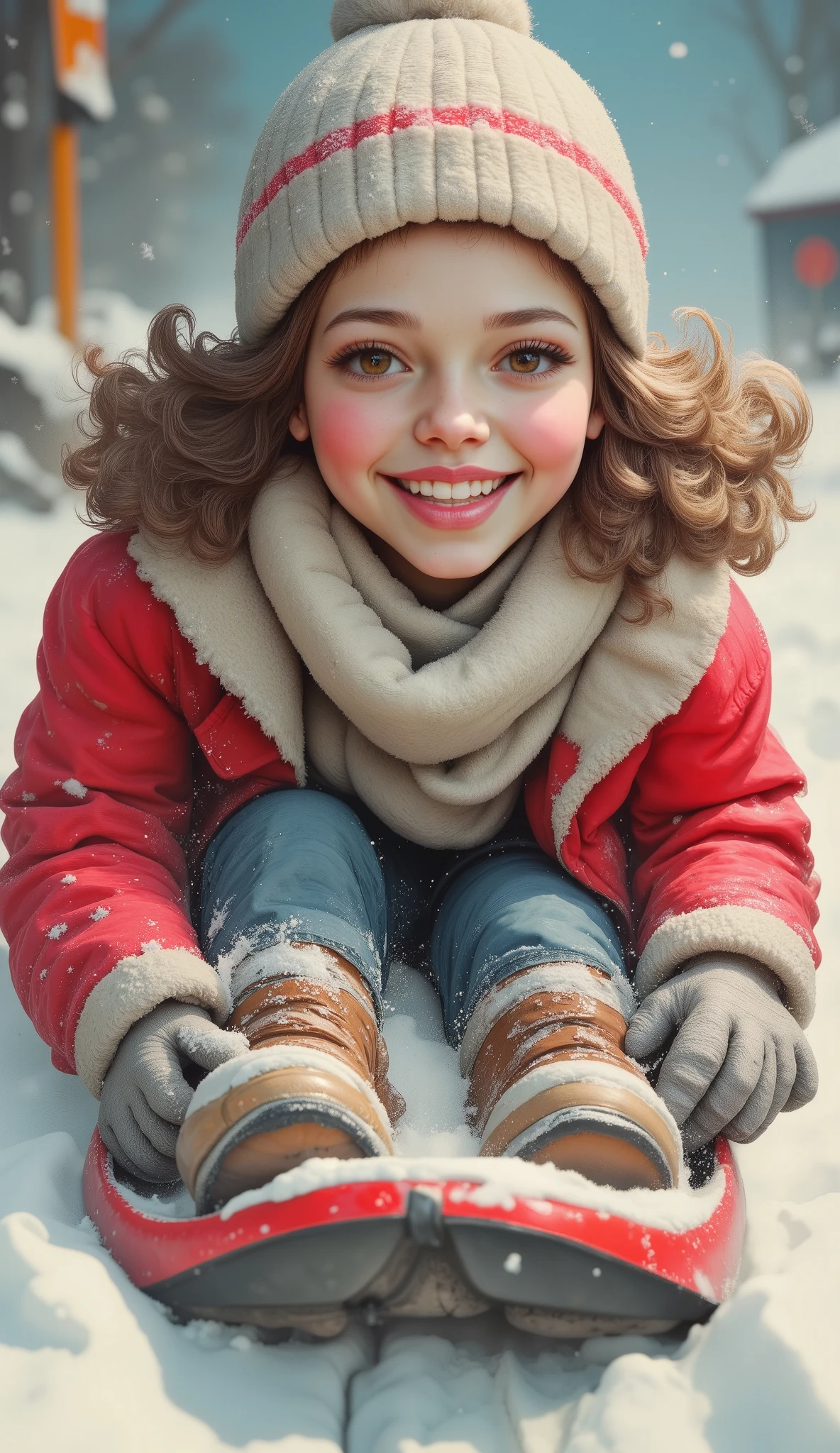 Anatomically correct overall large body plane:1.4, ( envelopes,4k,8K, High resolution, masterpiece:1.2), ultra Detailed , sharp focus,(realistic,photorealistic,photo-realistic:1.37),  a girl tying with a snow sleigh , funny scene, happy, She smiles,  she slides with the sleigh down a slope,  the movement of the sleigh causes snow to jump , sensation of movement, blurred background, Because of the speed ,  she wears warm clothes , Gloves, wool cap, scarf, colores happys, very detailed face , extremely detailed facial features ,hyper realistic skin texture, Extremely fine details , intricate details ,  detailed eyes,Detailed nose,labios detallados, Detailed facial expressions ,Intricate facial anatomy, intense lighting,  dramatic lighting, changing lighting , cinematic lighting ,chiaroscuro lighting, dramatic shadows ,dramatic moments, vivid colors,intense colors,Deep contrast, cinematic depth of field , film composition ,cinematic camera angle