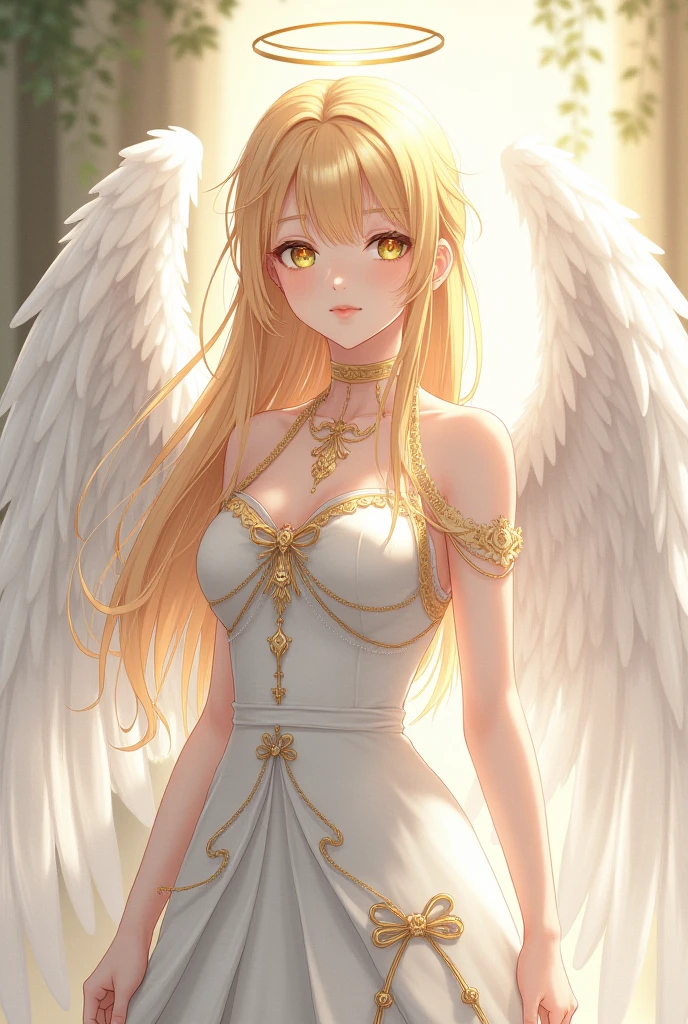 an extremely delicate and beautiful girl with golden pupil, Holy, intricate detail, amazing quality, (masterpiece), (high quality), wallpaper 8K CG, high resolution, extremely detailed, photorealistic, beautiful detailed, full body, best detailed girl, depthoffield, mount the cloud and ride the mist, beautiful detailed fullbody, Perfect body, single human girl, detailed long hair, dynamic hair, long bangs, gold hair.lace, streaked hair, beatiful detailed hair, super fucking beautiful, grin, gorgeous detailed eyes, Slightly open mouth, human hands, medium chest circumference, slim legs, beauty detailed eye, Smooth skin, wave at the edge of dress, angel halo, gem necklace, angel wing, Exquisite cloth, white silk Clothes, volumetric lighting, grand space, delicate background, holy, complex details,