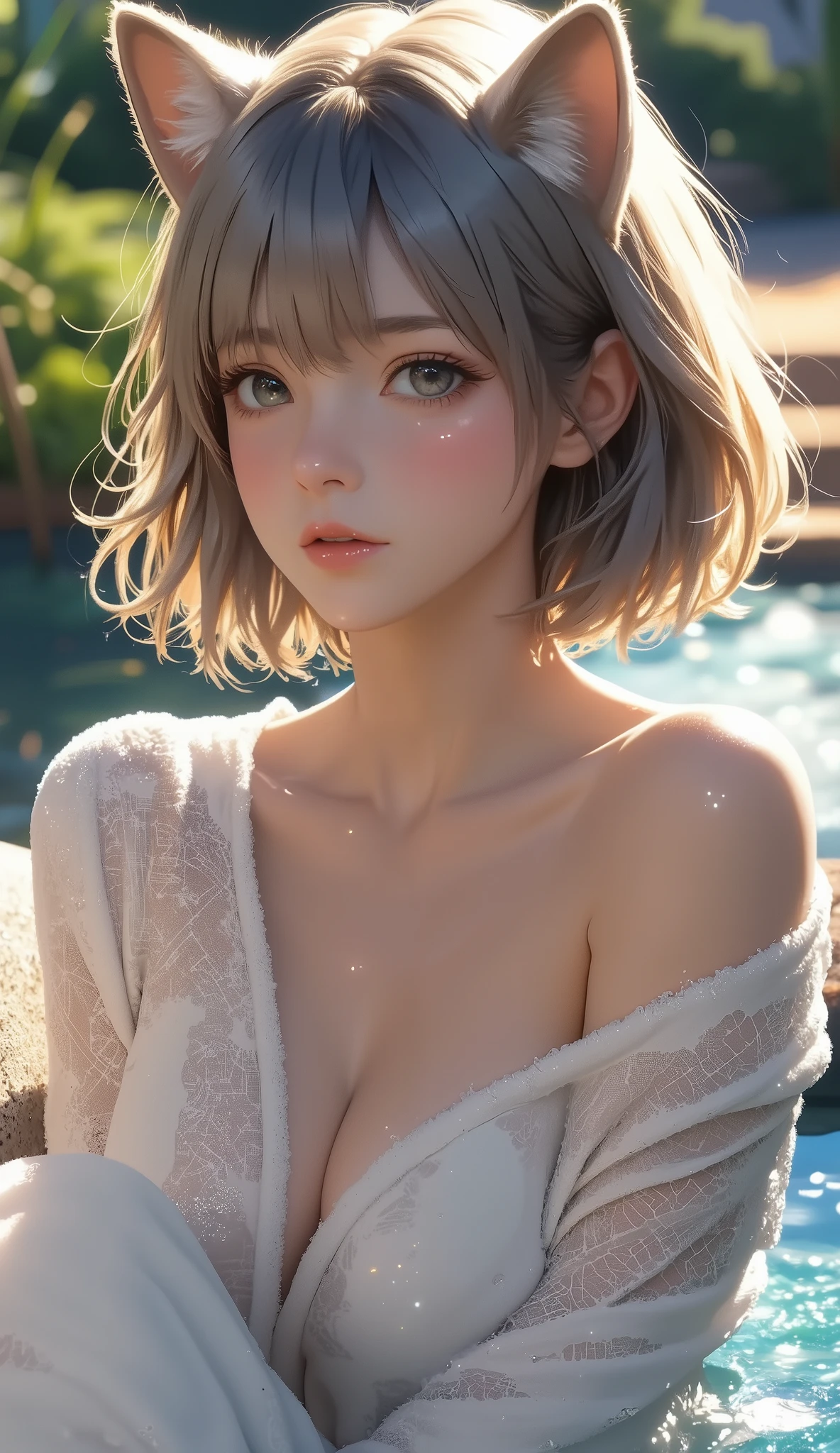 Ultra HD、Ultra-clear、A girl with a beautiful face is having fun naked in a hot spring、Cute girl with short blonde hair、Cute girl、A pretty girl with beautiful white skin、Starry Sky、