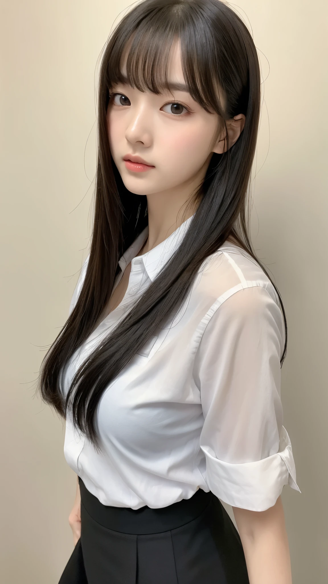 ((最 High Quality , 8k, masterpiece :1.3)), (( Super Big Breasts )), (((whole body)))、 black hair,OL、((secretary))、Office Background、 standing、 dull bangs, hair behind the ear, shoulders with chocolate, long hair, Ultra Fine Face, Thin face, Delicate lips, beautiful eyes, Light blush,Perfect glowing skin, perfect skin, Shining Sweat, see here, white Y shirt、 black skirt 、No accessories、 first-person view, Super Details , High Quality , 最 High Quality , high resolution