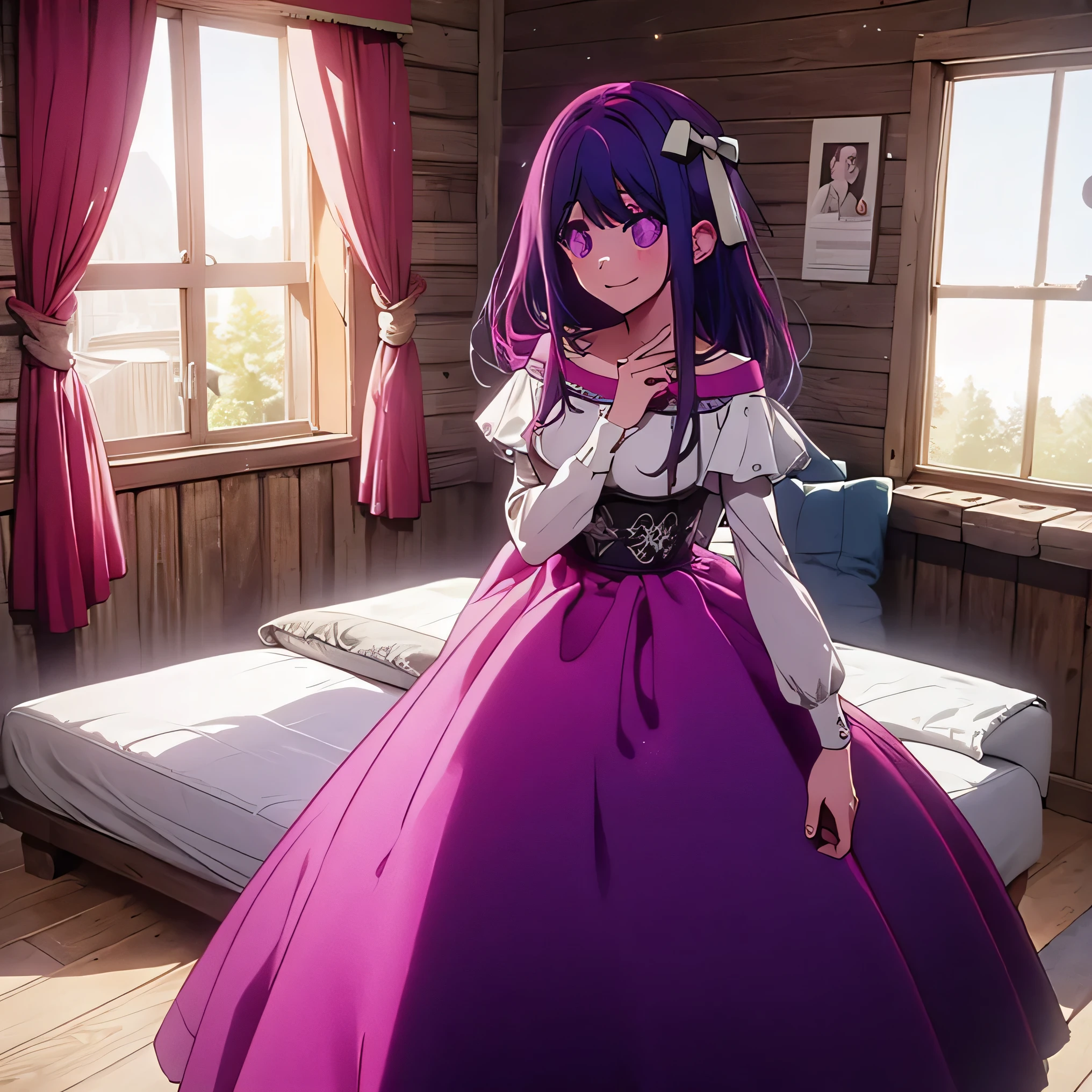 In a room of an old wooden cabin decorated with a sofa with a dress inspired by stars and the night sky with purple and white touches on the dress