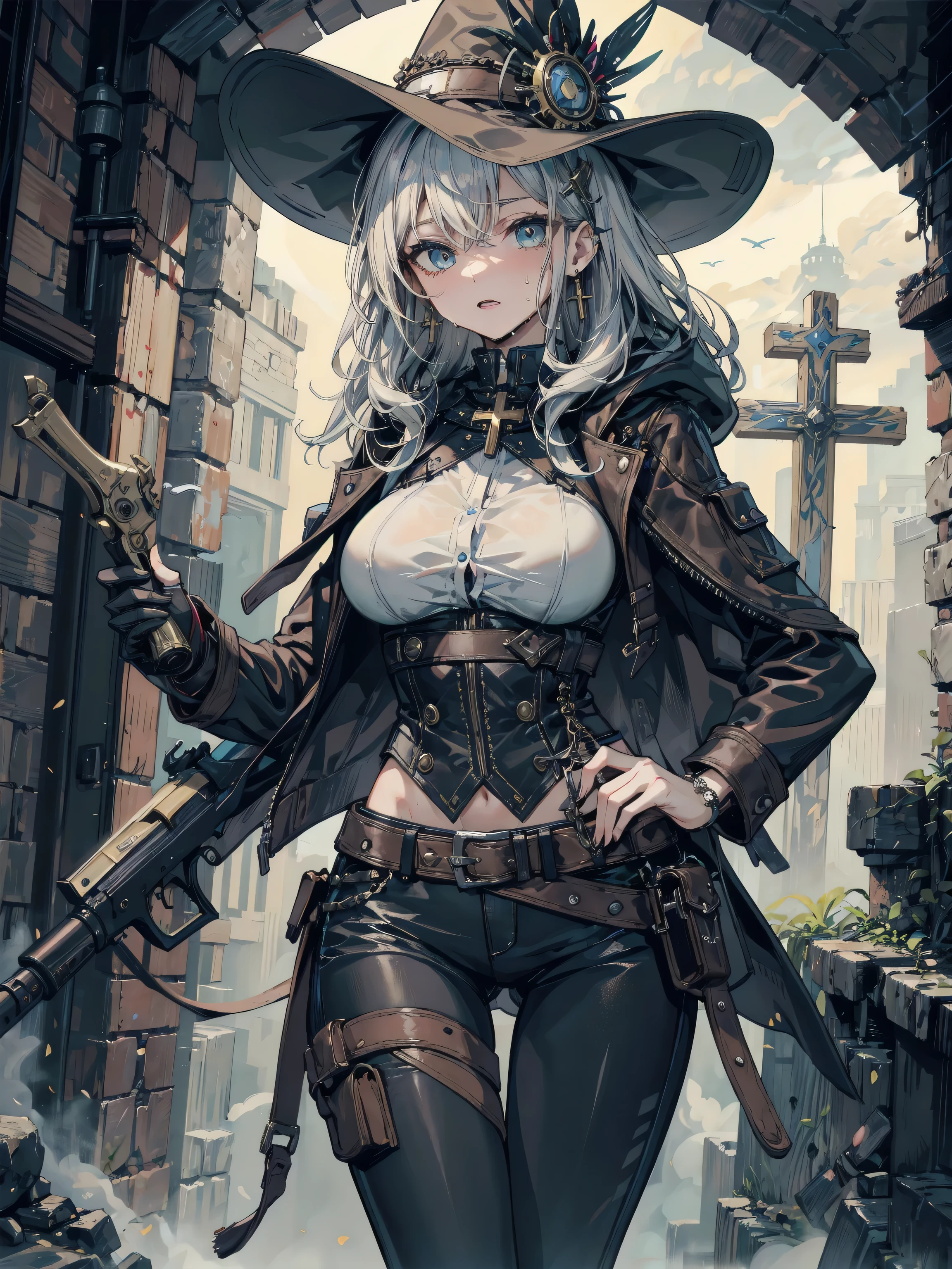 Perfect face, perfect hands. A young silver haired female cowboy with green eyes and an hourglass figure in a conservative and Gothic cowgirl outfit is smiling while holding an animal skull in the dessert