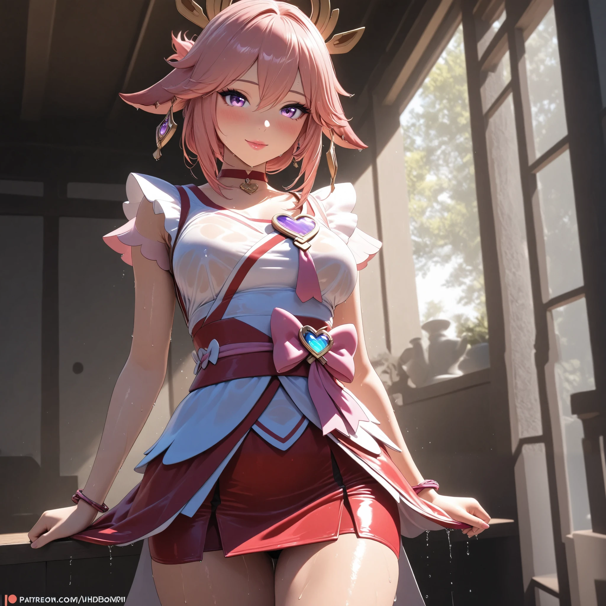 1girl, destiny, flower, solo, (minidress with hemline on hip:1.2), (tight dress:1), tight clothes, panty peek, panties,(white panties:0.8), red flower, hair ornament, red rose, hair flower, short hair, green eyes, standing, from below, low angle, multicolored hair, standing, from below, thighs, parted bangs, white hair, short hair with long locks, bare shoulders, looking at viewer, detached sleeves, eyeshadow, red rose on hair, small breasts, realistic, best quality,ultra-detailed,sharp focus,vivid colors,photorealistic,dynamic composition,indoor lighting,dramatic color scheme,stylishly, meticulous attention to detail