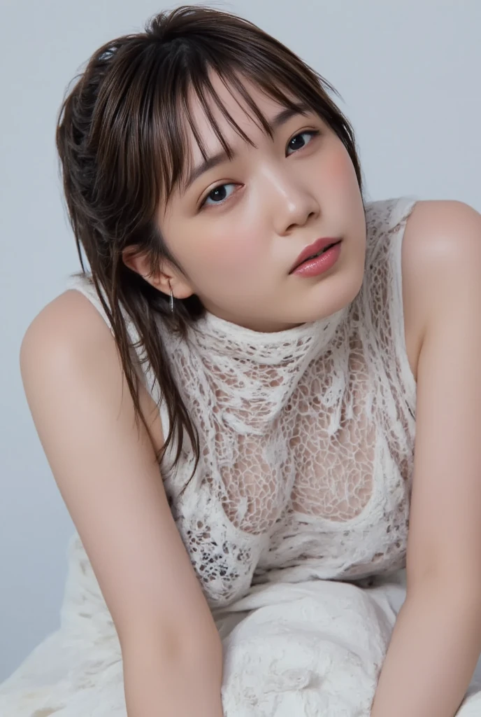 ((Highest quality, 8K, masterpiece: 1.3)), sharp: 1.2, Perfect Body Beauty: 1.4, Slim Abs: 1.2, ((Layered Hairstyles, Big Breasts: 1.2)), (Off the shoulder: 1.2), (nude: 1.2), Face close-up: 1.5, Highly detailed face and skin texture, Beautiful Eyes, double eyelid, Side view of the camera