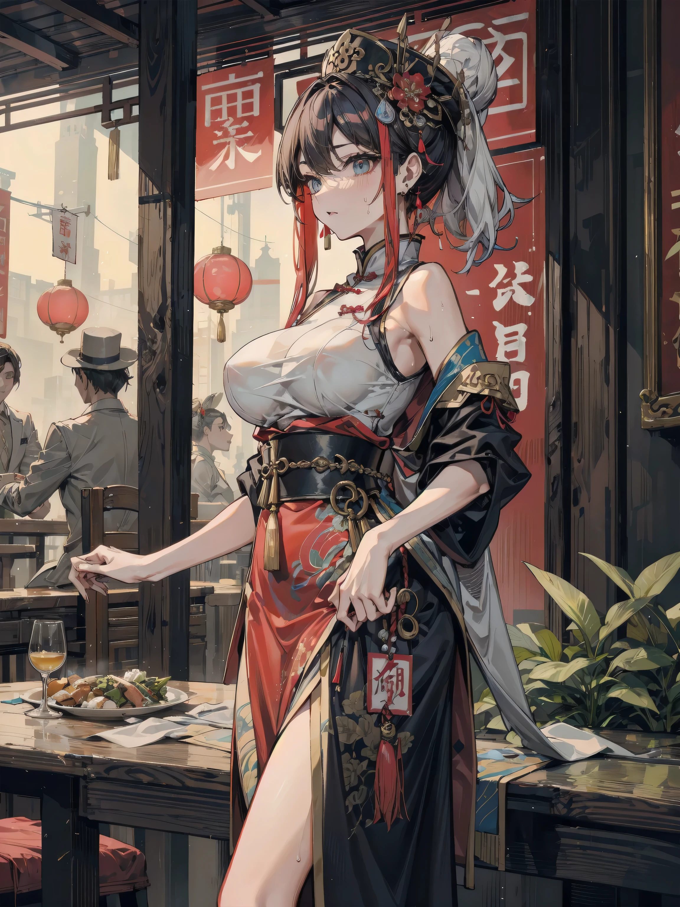 (masterpiece, best quality:1.2), (1girl, solo), 20years old, (full body, wide shot:1.1), (kimono, undressing, black bikini bra, bare shoulder), arms crossed in front of the chest, (black hair, single bun), demon horns, gleaming skin, Japanese ancient capital, (Japanese ancient festival, MATSURI)
