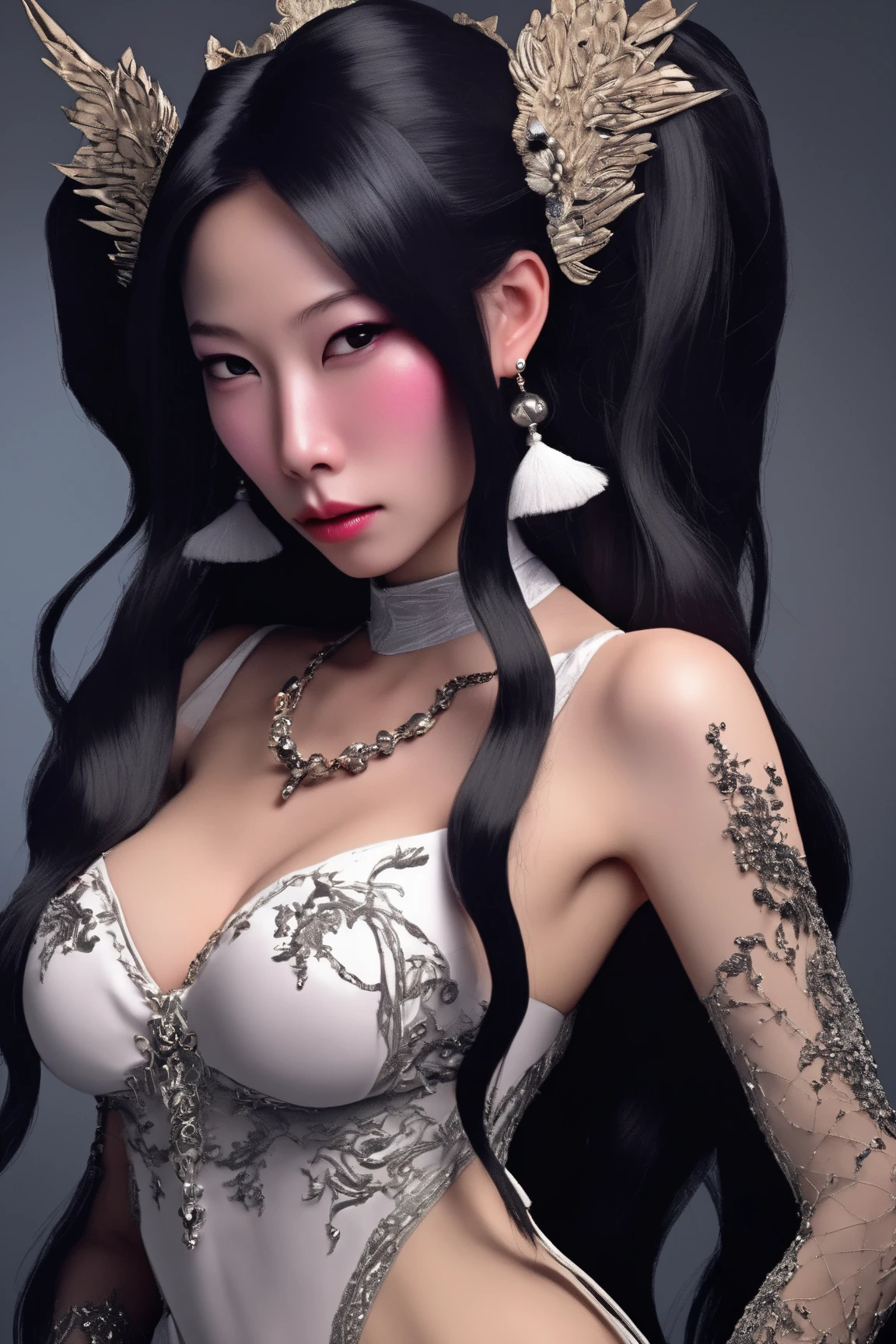 Longhaire,asian beauty,tetas grandes,cheongsam,debout dans la rue,Details,extremely clear,tout le corps
