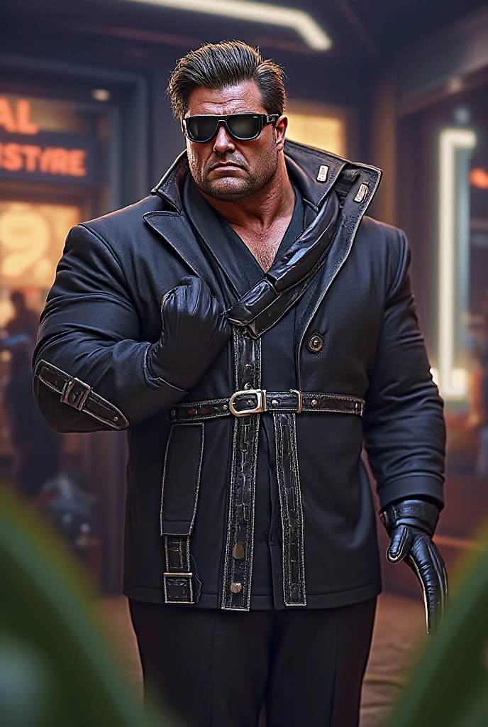 Steven Seagal, brown leather jacket, bandana on head, police batch, necklace, gun holder tied around his waist, dark beard, masterpiece, top quality