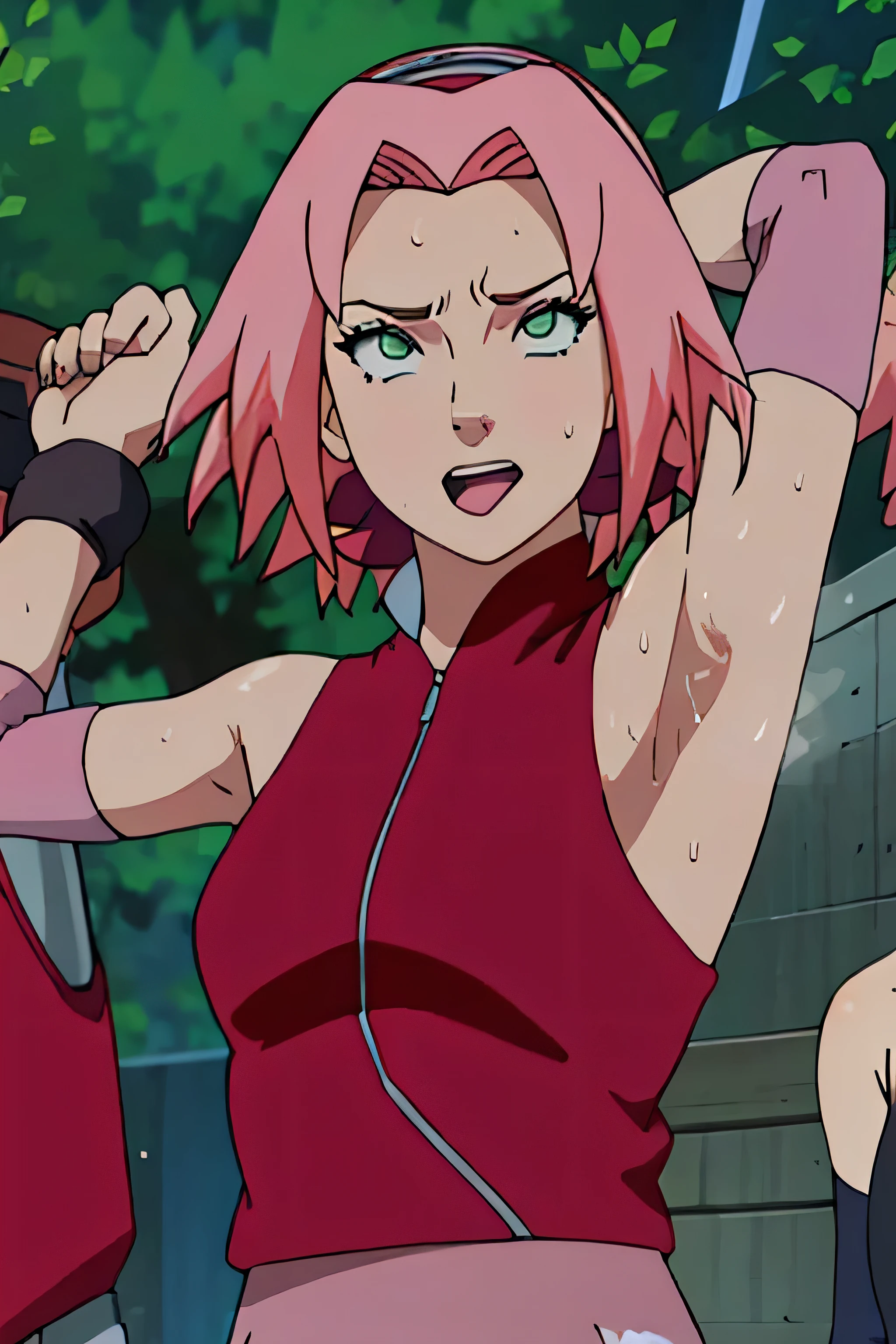 Sakura Haruno,human woman with fair skin.with green eyes and red clothing. Her hair is long and pink in color; She is beautiful. Fair skin.Tsundere face. Pink eye shading,mature appearance,armpits,sweat,sweaty,sweaty armpits,arms up,showing armpits,awesome armpits,outfit,blackish red arm warmers,maroon arm bands,maroon arm warmers,tongue