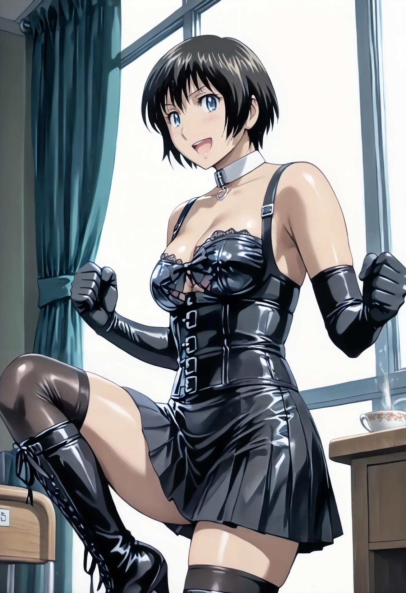 Yankee sitting、 poop sitting、((Open legs:1.4)))、((( wide thigh opening with one legでしゃがむ)))、((( open legs in a M shape and crouch )))、BDSM、Queen、mistress、(((One girl)))、(((solo:1.8)))、(((Black latex elbow gloves:1.4)))、((( black latex corset dress :1.4)))、((( The corset dress is adorned with beautiful lace)))、((( Corset Dress with Shoulder Straps )))、((( Black Latex Tight Miniskirt :1.4)))、((( Black Thigh-High Boots :1.4)))、(((Black rubber tights:1.2)))、((( stiletto heel boots that kick a man:1.4)))、((( black latex tight mini skirt )))、(((Black latex bra)))、(((Black leather collar)))、((( sexy pose:1.4 )))、 wide thigh opening with one leg:1.2、((( erotic )))、((( Cowboy Shot )))、クローズ up、((( puts her hands on her hips)))、 beautiful eyes with highlights、 fine, beautiful skin、Two perfect anatomical arms、 Anatomically Perfect 2 Legs 、(Four perfect fingers and one thumb)、 score_9, score_8_ up, score_9, score_8_ up, 1 girl,Shimizu_Kaoru, short hair while on a business trip, tea hair,blue eyes,chest,School, white collar shirt , pleated skirt, reach_ _viewer,street,smile, open your mouth, Alone、 indoor、School、Inside the club room、 staring at the viewer 、smile、blush:1.2