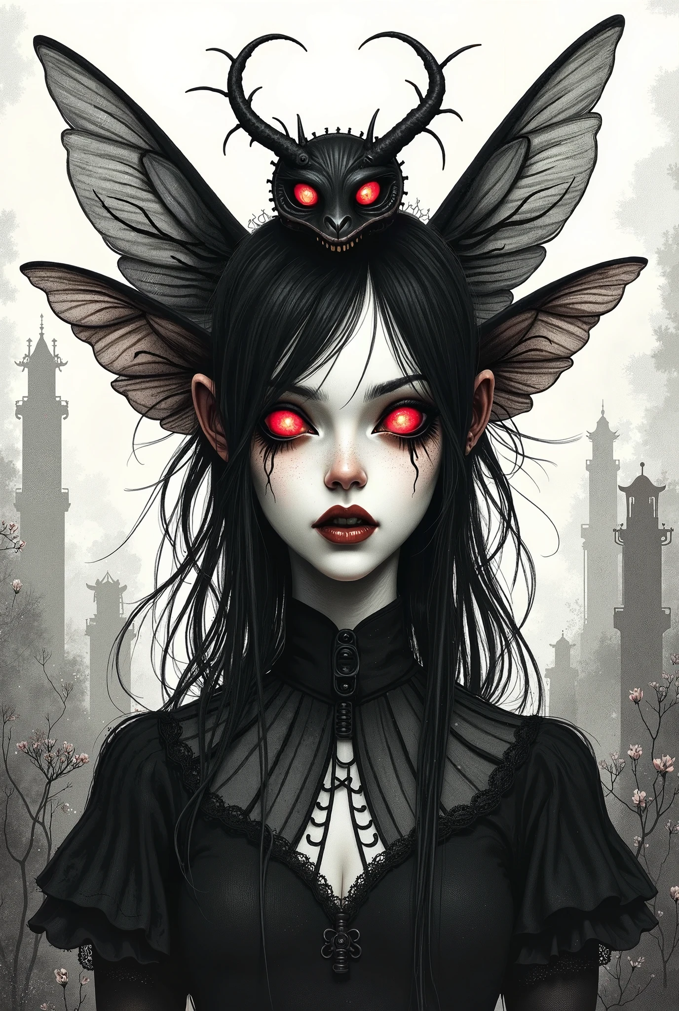 a graphite copper plant Krampus ,made of dead plants,a girl made of plants of Silent Hill, atmosphere with backlit,forest city chinesse pixie,A charming and fascinating creature with otherworldly forms that blend the best aspects of the monster human form and the innocent charm of a precocious , once pretty, wings, (best quality: 1.4), (masterpiece: 1.2), detailed, complex, high resolution, iridescent colors, texture, complex, gorgeous, 3D, highly detailed, (Professional photography, extremely detailed),Tim Burton, Dale Chihuly, Bruce Zheng, extremely detailed, high detailed eyes,8k resolution,RAW,retina, Nikon Z9,Nicola Samori, Sergey Zabelin,Aerith Gainsborough,pale demon woman , a foggy marsh on background, horror movie, cinematic look, creepy aesthetic, ultra detailed, photorealistic, masterpiece.