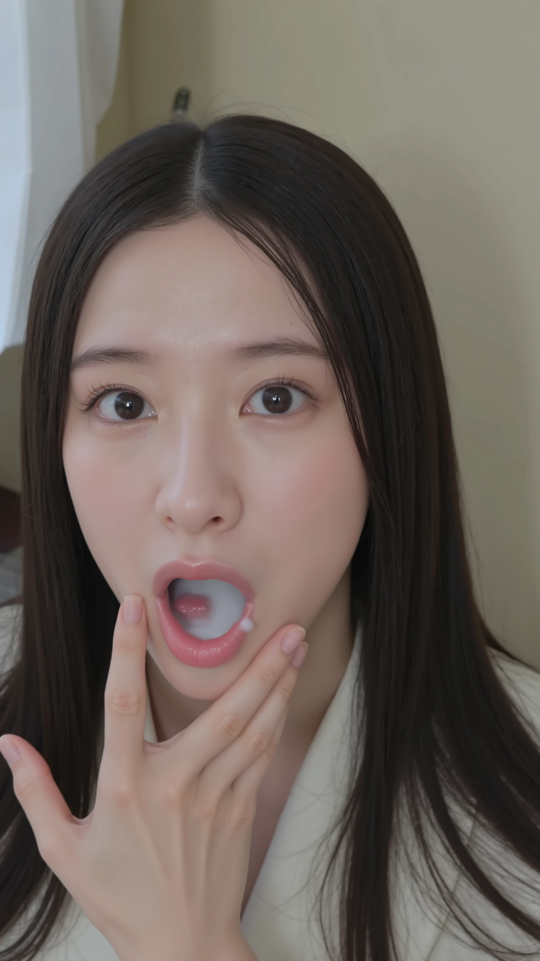 A high resolution photograph of a Japanese adult woman, photo realistic, masterpiece, amazing quality, intricate details, professional lighting, solo, 1girl, clothed, full body, straight longt dark hair, detailed face, detailed eyes, surprised face, (fingers brushing her lips), (white cum in mouth, open mouth:1.4), chin up, looking up at the camera, indoors,