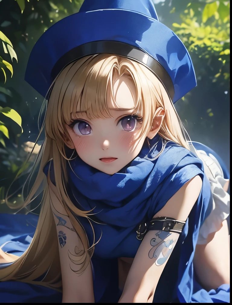 （（（ＳＦＷ、Accuracy、Highest quality、 A first-class masterpiece 、 Normal body 、8k、   detailed color 、 super precision 、   Normal Hands 、５See also、Highest）））、" Dragon Quest IV"、 Arena、arena、 Blonde、 straight long hair、  short、 slender、 see-through transparent erotic dress that is torn and the chest is exposed 、 transparent transparent mini skirt that is torn and underwear is exposed、Ripped Blue Cloak 、 Tattered Blue Pointy Hat 、See-through transparent clothing with torn skin 、Navel exposed、Heart dirty print tattoo on lower abdomen、Pubic heart Tattoo、Half naked、defeat、Anxious face、regrettable、tears、blush、 on all fours、rolled up howing off、 White Sexy Panties、The Fall of Slaves、 Chain Lead Slave Collar 、Sex slave、Chain lead to pull from the collar、ChainRead、Chain、Nippleclamp Chain、 on all fours、forest