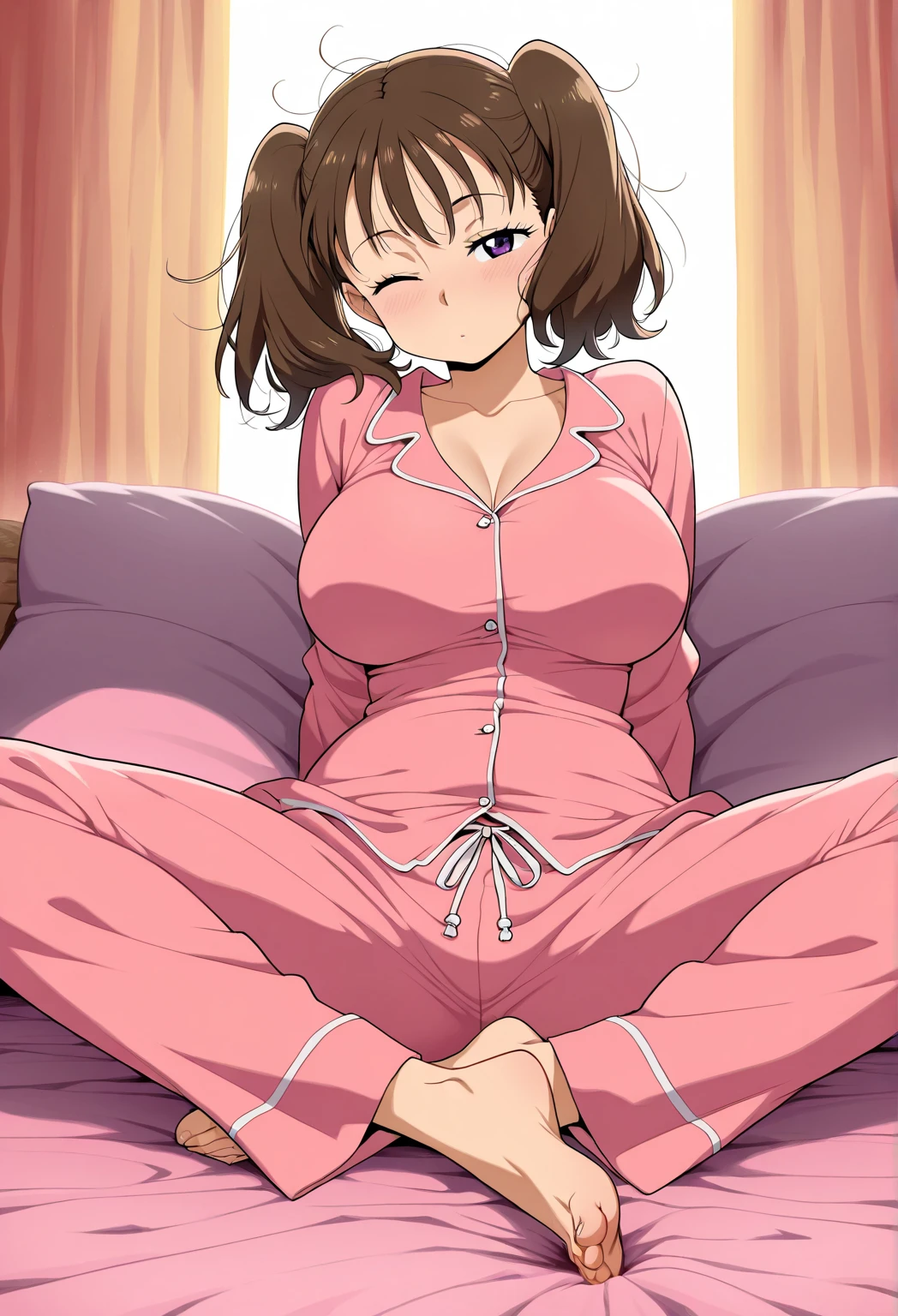 high resolution,masterpiece, best quality, amazing quality,source_anime, Nanatsu no Taizai, 1girl, diane, large breasts,  sdsDiane, short twintails, brown hair, purple eyes,                                  BREAK  (curvy), , Alone, Looking at the viewer, pajamas, Messy hair, sitting, half-open eyes, an eye closed , barefoot, FEET BREAK