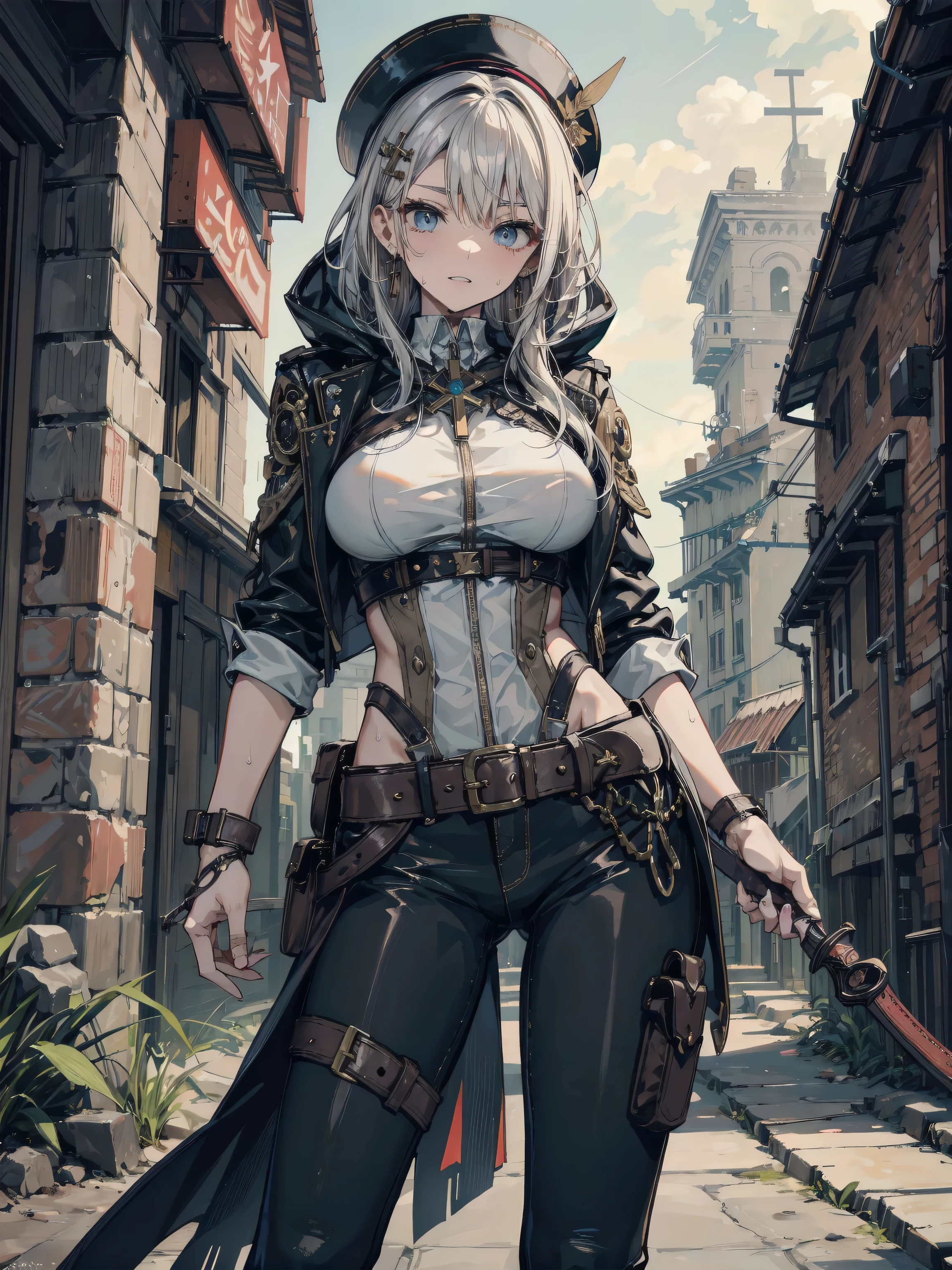 Townscape of the Wild West,Wasteland,Gunslinger Costume,Short leather jacket with open front,Torn and tattered white shirt,Torn and tattered damaged jeans,(Wrap the gun belt around your waist:1.3),(gun holster:1.3),Equipped with a Winchester M73 rifle on her chest,Cowboy Hat,(Generate globally beautiful women images,Especially while reflecting elements of Western beauty,Woman with natural smile and attractive expression,Transparent skin,sparkle in eyes,Expresses an elegant atmosphere,(in 8K, Raw photo, Best Quality, masutepiece),Sunlight ,Cinematic lighting,(Realistic, Photorealsitic),,(crouching down:1.3),