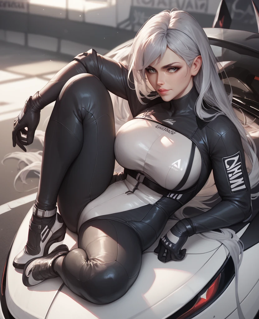 masterpiece, best quality, 4k, UHD, mishoujo, beautiful eyes and detailed face, illustration, beautiful detailed, high resolution illustration, glowing_white_particles, 1girl, white hair, light purple eye, hair over one eye, short side tail, baseball cap, expressionless, black latex jumpsuit, black jacket, black thigh high boots, sitting on the floor