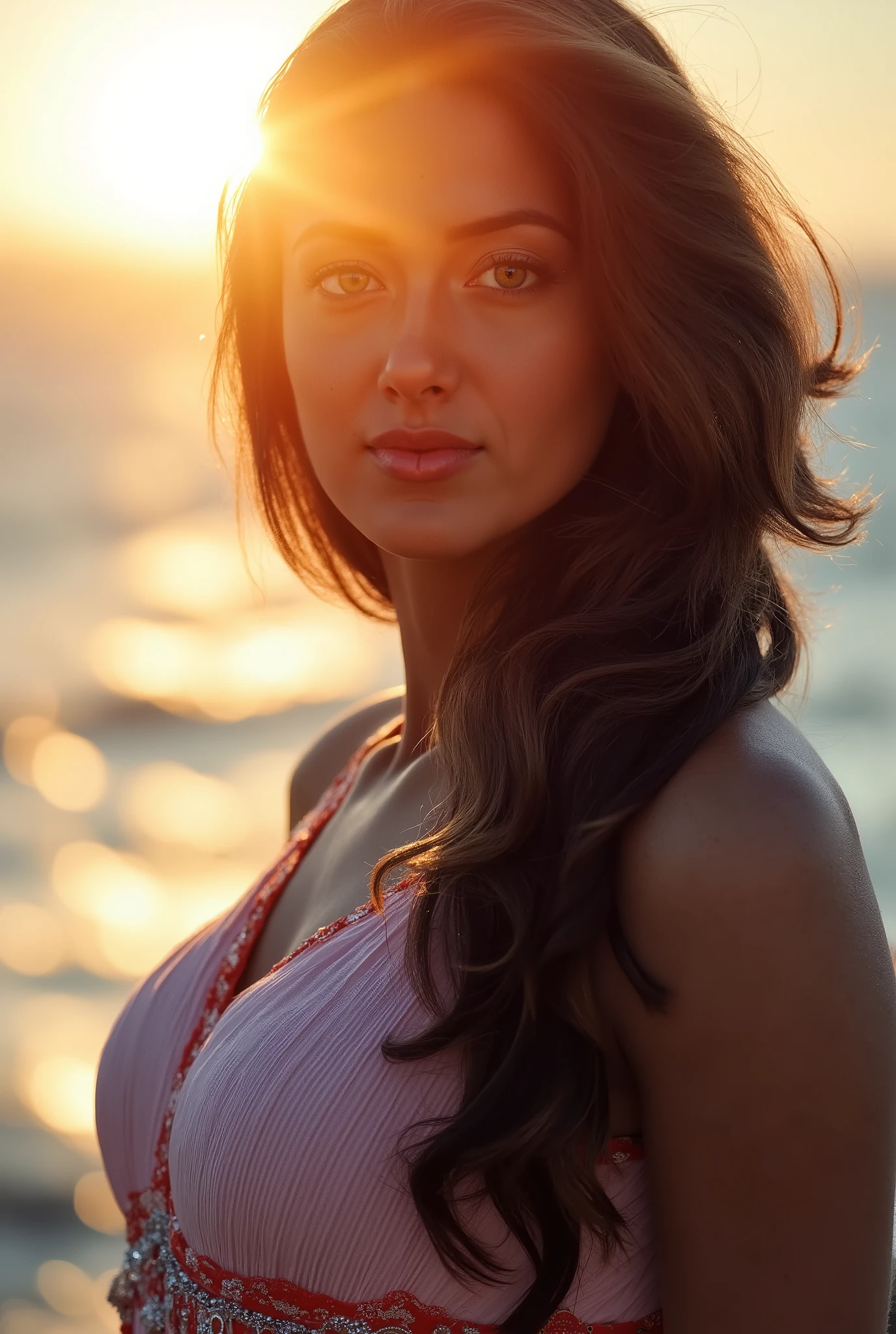 high quality, 8K Ultra HD, A beautiful double exposure that combines an goddess silhouette with sunset coast, sunset coast should serve as the underlying backdrop, with its details incorporated into the goddess , crisp lines, The background is monochrome, sharp focus, double exposure, by yukisakura, awesome full color,