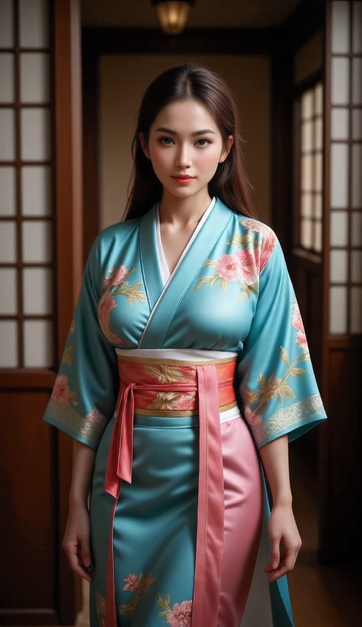 arafed japanese woman in a japanese traditional folk kimono dress standing in a room, wearing ancient chinese clothes, palace ,an oiran, a girl in hanfu, hanfu, traditional chinese clothing, with acient chinese clothes, chinese dress, japanese kimono, chinese costume, traditional beauty, ancient chinese princess, japanese clothes, chinese style, traditional japanese colors, wearing kimono, ancient chinese beauties, Create a prompt that captures the essence of ancient Japan through an artist's interpretation. The scene should feature a photorealistic, well-rounded Japanese female character who embodies vivacity and grace, showcasing her in a traditional silk kimono as she smiles gently. Utilize a wide-angle view to emphasize symmetrical image composition, with a cinematic angle that reveals a beautifully designed ancient oriental interior in the background. Employ soft lighting to enhance the ambiance, ensuring that the character’s shiny hair and lifelike features are depicted with precision. Focus on creating central leading lines that guide the viewer's eye through the depth of the scene, while highlighting the intricate details of both the wardrobe and the environment. Please ensure the artwork reflects an immersive ancient Japan theme, enriched by the textures and vibrancy typical of a MajicMix or silkpunk style, without including any inappropriate elements.Accurate,