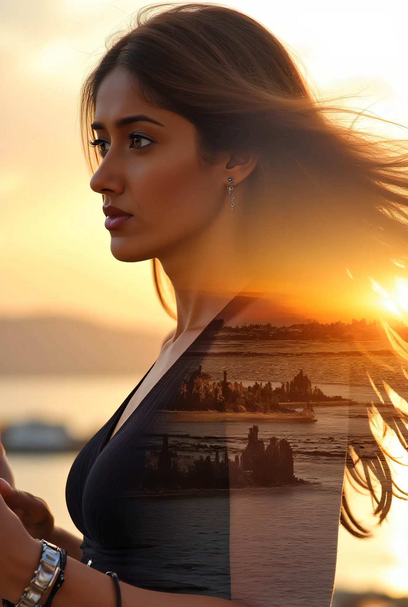 high quality, 8K Ultra HD, A beautiful double exposure that combines an goddess silhouette with sunset coast, sunset coast should serve as the underlying backdrop, with its details incorporated into the goddess , crisp lines, The background is monochrome, sharp focus, double exposure, by yukisakura, awesome full color,