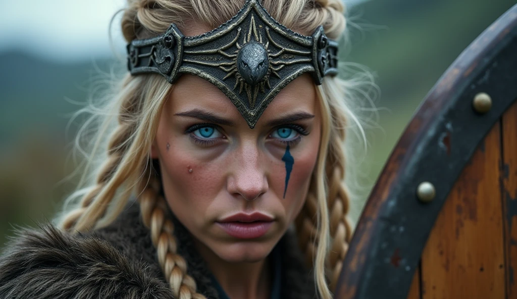 Create an image of a stunningly gorgeous beautiful sexy shieldmaiden, stunningly gorgeous beautiful perfect sexy face, large breast, slim waist, sexy hips, traditional dutch hair, fantasy viking clothes, war makeup, war face paint,