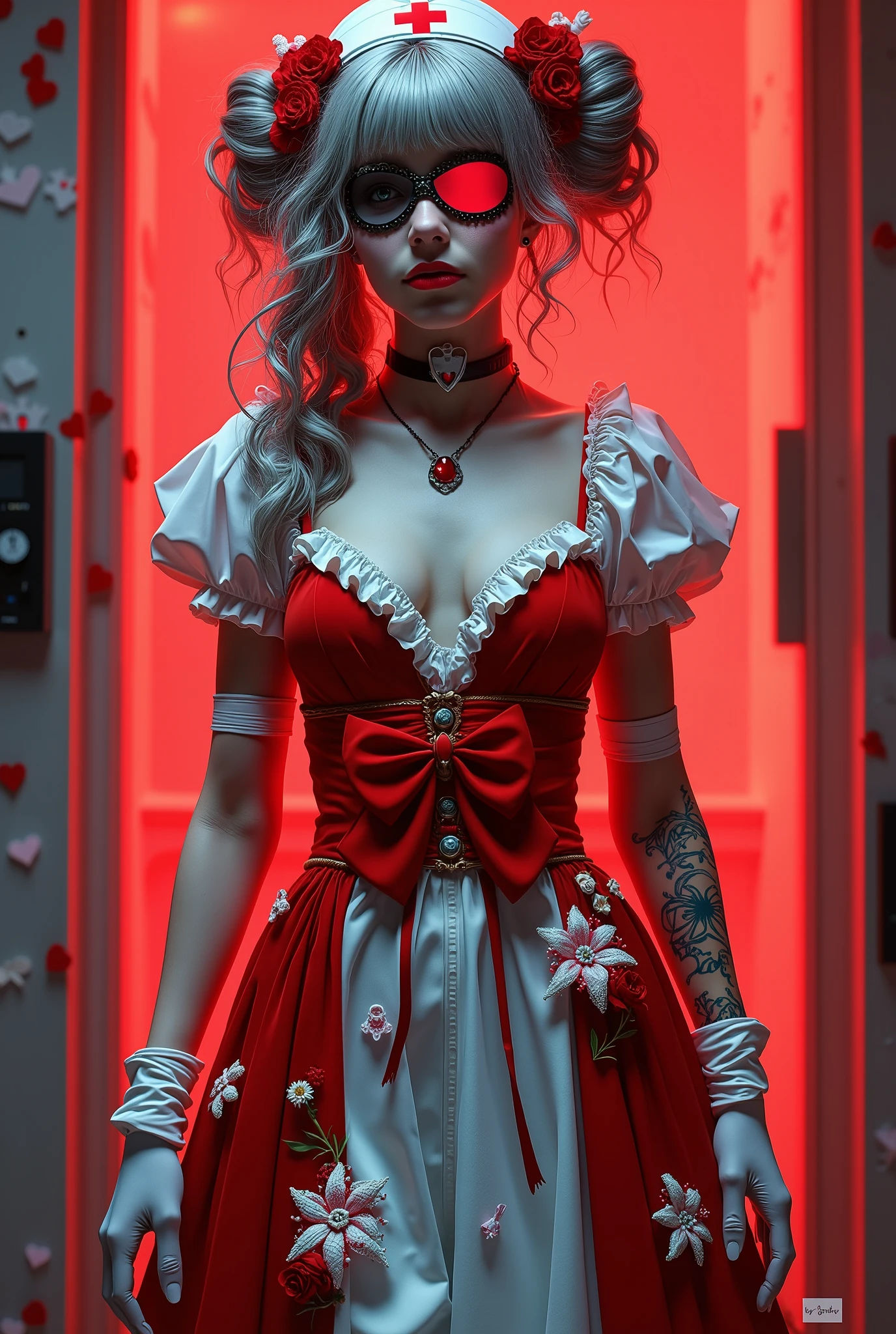  character design ，Costume Design，Lori Prostitute ， Gorgeous Dress ，Gloves，curls，Very complex，Beautiful，  straight dress  ，Bow，【frilld，ribbon，bandage，Nurse style， giant syringe ，Circle，Red Cross ，Y2K，Electronic Girl， Unilateral Eye Mask ，love decoration ，Subculture，Sick，Blood