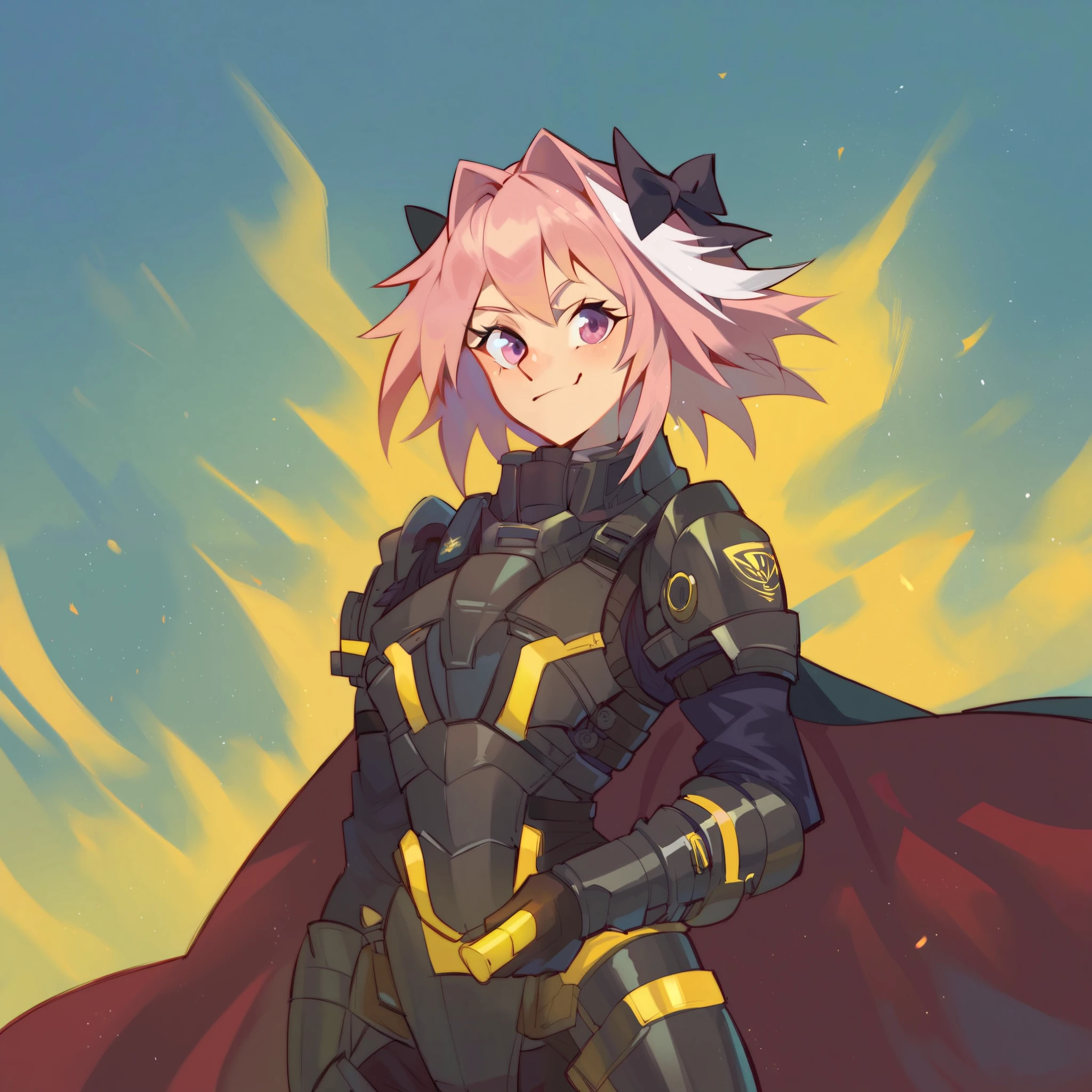 1Astolfo wearing helldiver armor, wearing grey with yellow inlays helldiver armor (wearing grey with yellow inline helldiver armor) is wearing sci fi helldivers armor, solo, alone, (SOLO)(ALONE) wearing cape