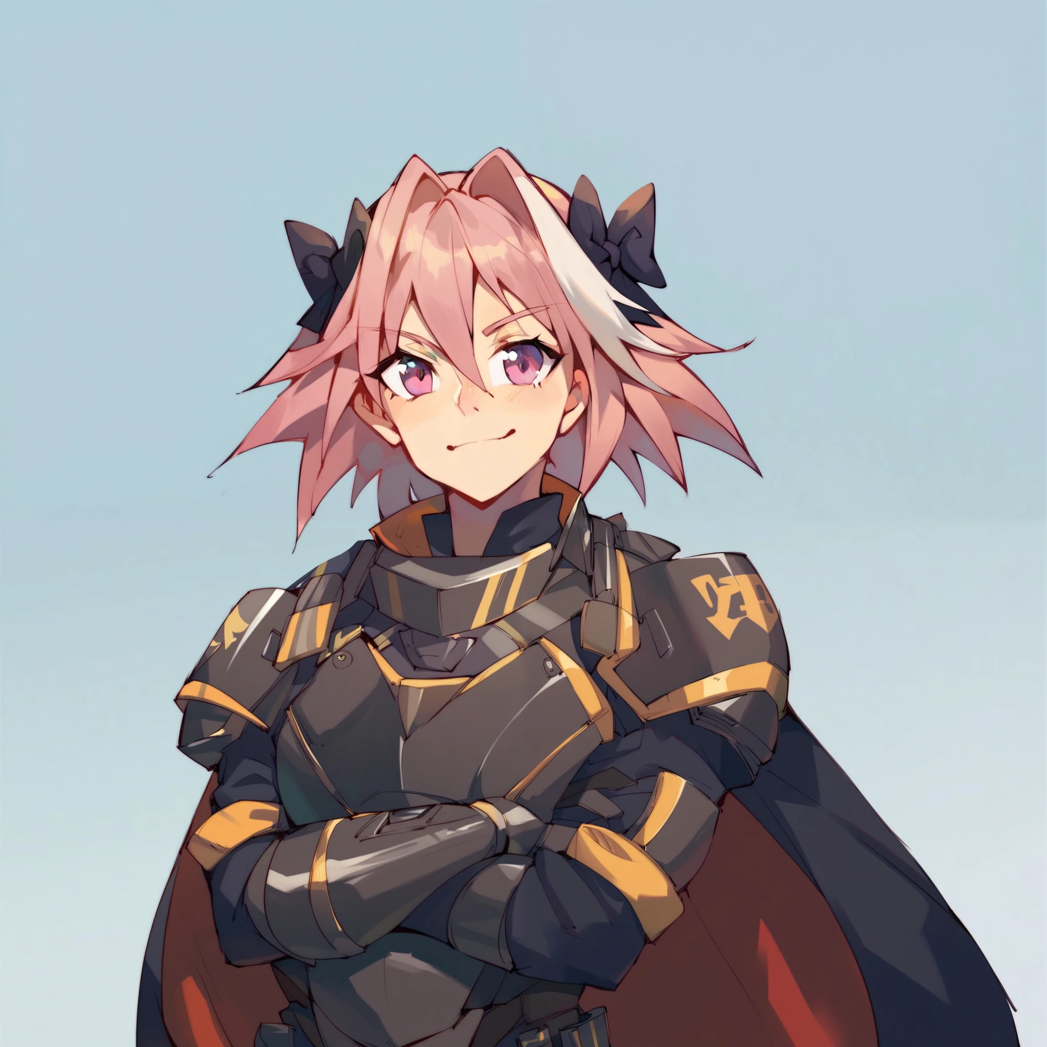 1Astolfo wearing helldiver armor, wearing grey with yellow inlays helldiver armor (wearing grey with yellow inline helldiver armor) is wearing sci fi helldivers armor, solo, alone, (SOLO)(ALONE) wearing cape