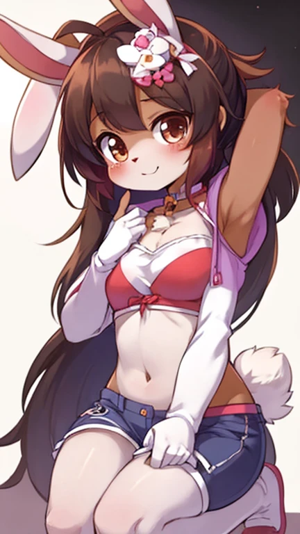 anime girl mit Hasenohren and a white top, Lola-Bunny-Fanart, OC-Kommission, Bunny Girl, casual pose, dick, mit Hasenohren, Im Anime-Stil, Order for high resolution, Charakter im Anime-Stil, ein Tanktop tragen, mit langen Schlappohren, fullbody commission for, Im Anime-Stil, sweet character, with large rabbit ears, bra visible, (((black panties))), borwn pupils, brown hair, tanned skin