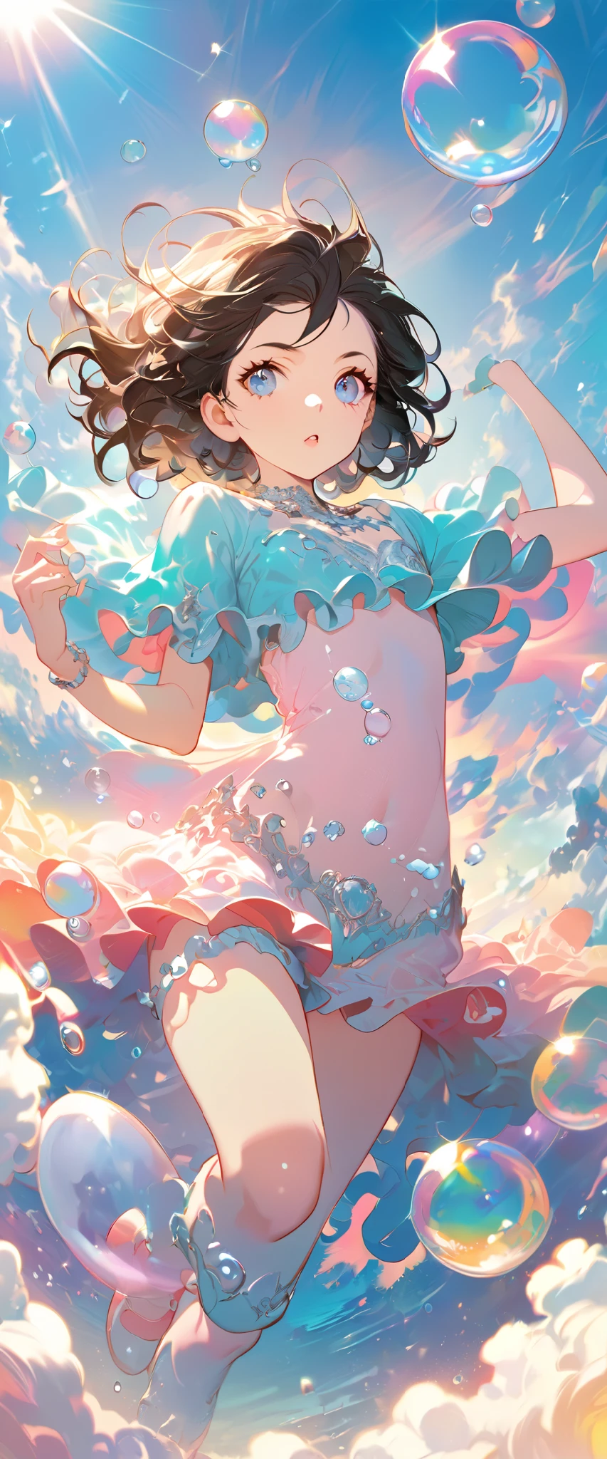 best quality, very good, 8K, Absurd, Very detailed, 2.5D, beautiful goddess , Soap Bubbles, soft colors , sunshine, Pop Art, exquisite and dynamic , Soft Color Fantasy , dark hair , Bob Kurt , Very young, Small chest, Official Art