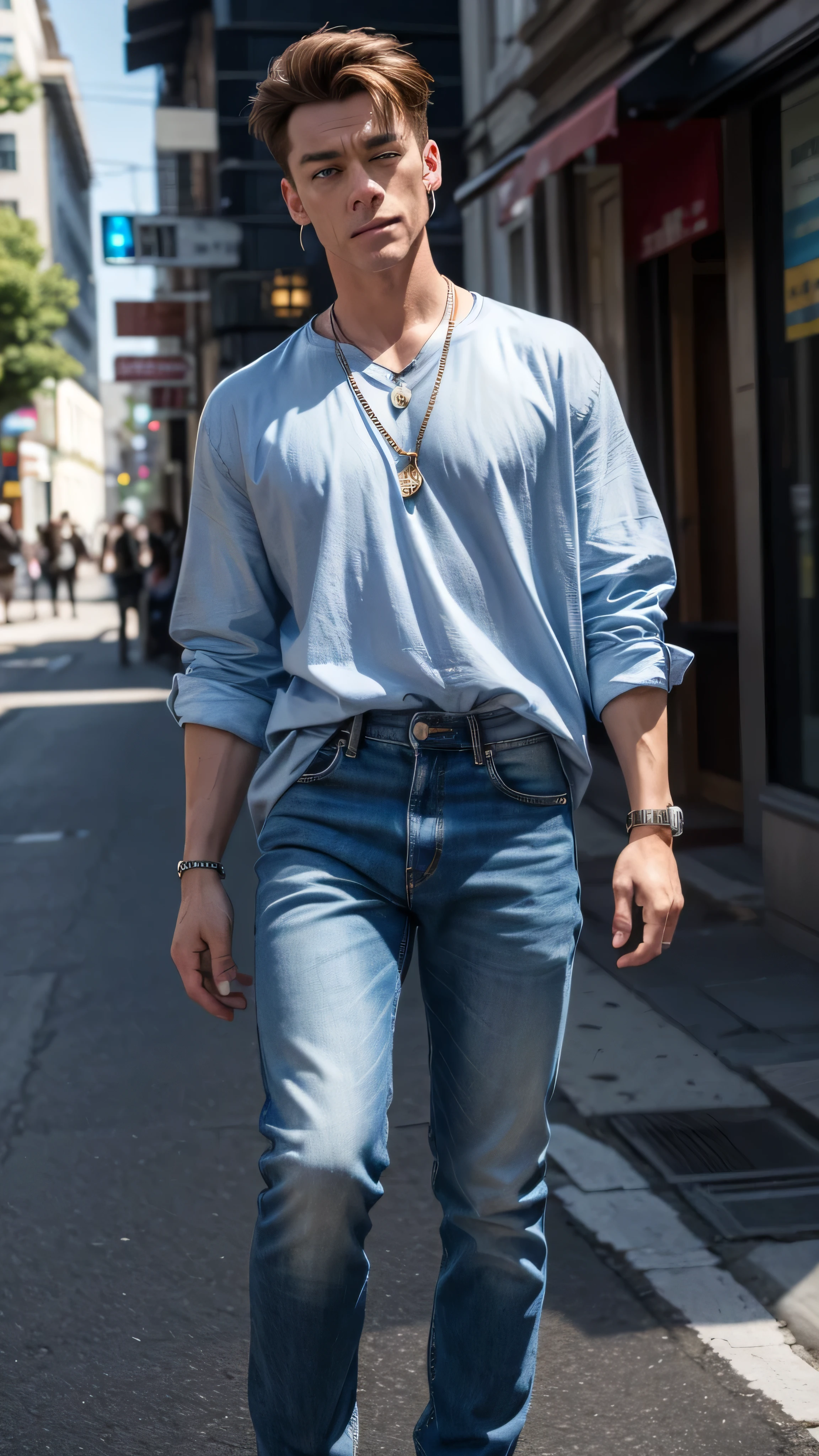 in high definition, short hair , viewers, blue eyes, shirt, one boy, Jean= Claude Van Damme,k , hair between eyes , men, multicolored hair, earrings, necklace, lips, floating hair by mossacannibalis, 青い shirt, beautiful hair, Sparkling Explosions , pendant,Full body high definition image、 Street。