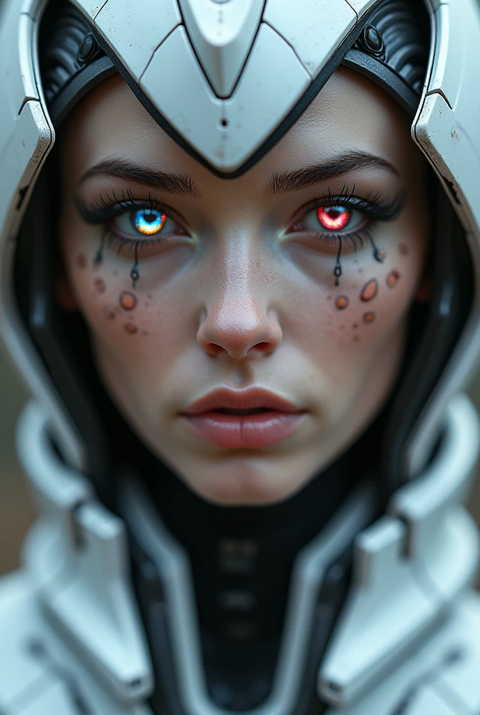 beard_newG is a woman, (Close-up of a better masterpiece:1.5)0.9], (Space and astronauts:1.2) (messy black hair:1.1) Brazilian indigenous woman, typical indigenous clothing, red body paint on eyes, (Xanthochromia heterochromia and blue eyes:1.2) (space helmet:1.0) (colorful stars in the eyes:1.0) (A radiant glow:1.1) (thick lips:0.9),  (beard_newG)
