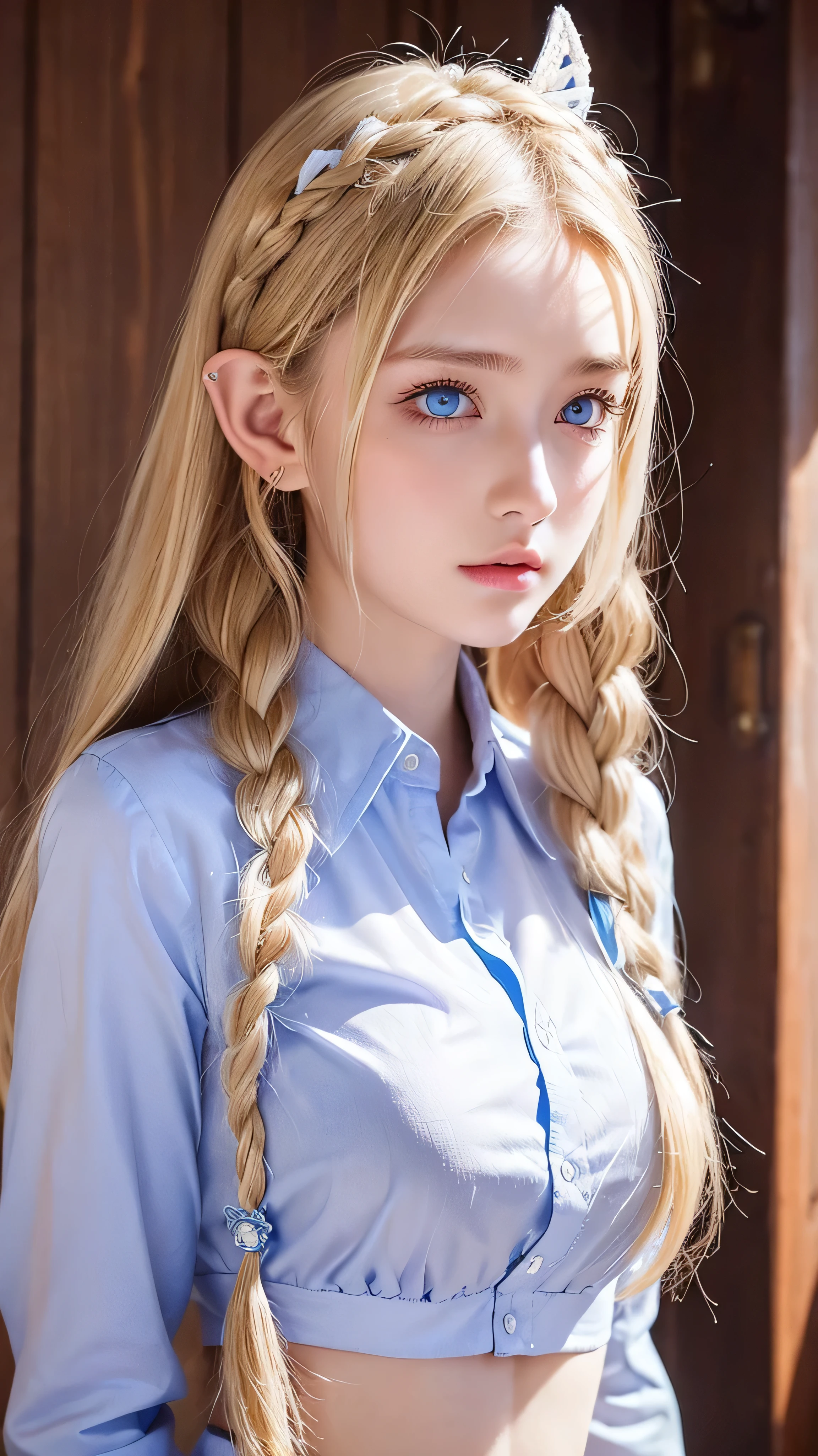  1 girl, Blonde,  pointy ears, blue eyes,  clothes lift, Alone,  hair ornament ,  hair clips,  long hair,  shirt lift,  braided ,  Watch Your Audience, lips,  lift on its own,   I have a horse ,  upper body, belly button, day, white shirt,