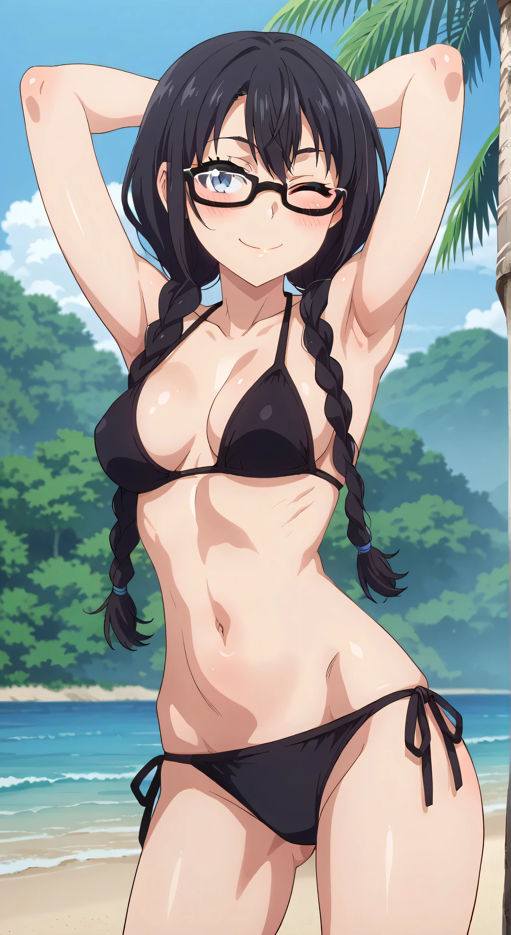 (highest quality:1.4), 8K resolution, Ultra HD, (High resolution:1.4), cinematic light, 1 girl, embarrassed face, very fine eyes,medium-sized chest、white skin, bikini, outdoor, swimming pool, Clear blue sky,blush、(looking at the viewer)、model pose、forced smile、MS、rabbit earrings、cowboy shot, sexy belly, sexy,