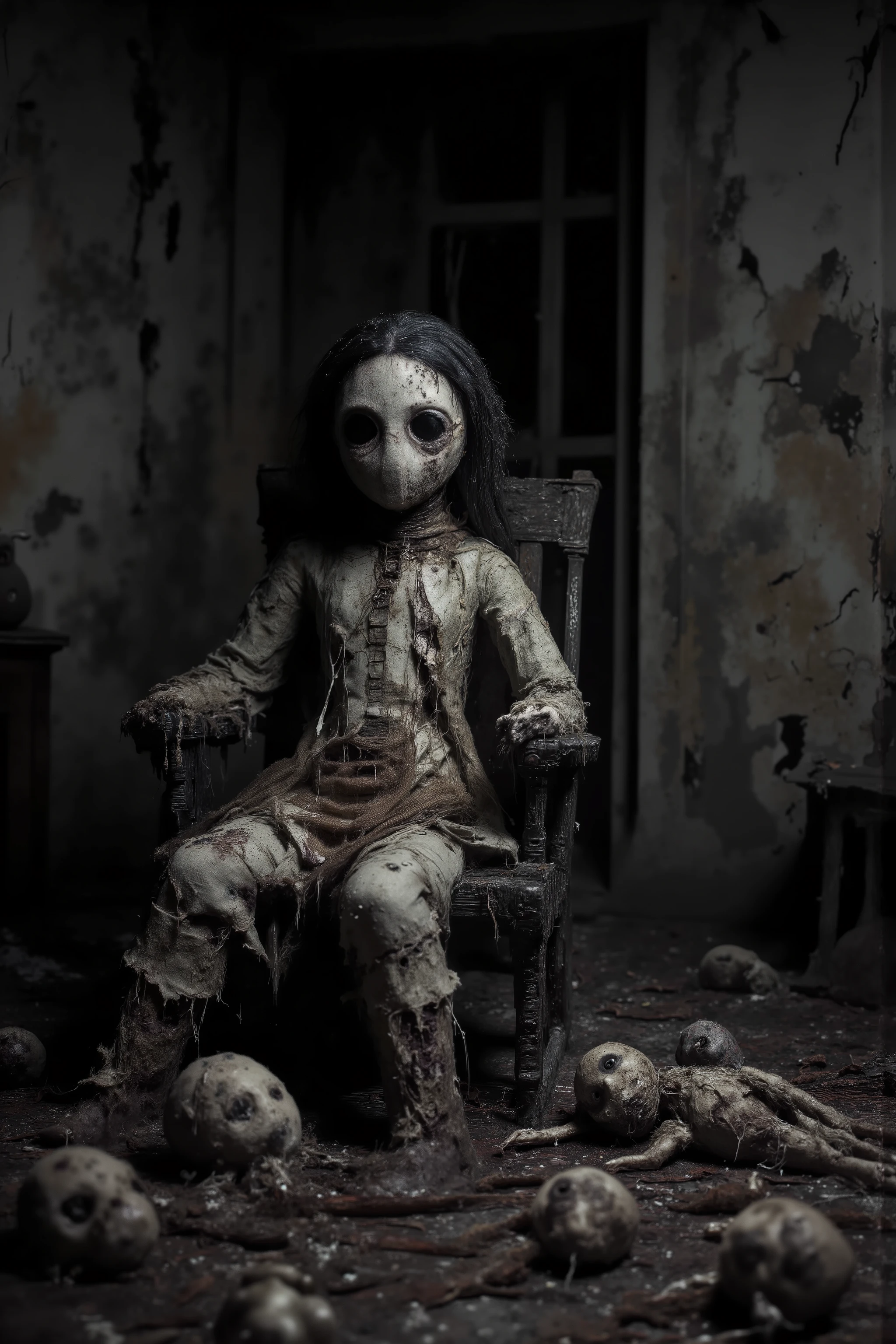 A lonely bedroom in a delapaited old house. Walls falling apart. One large sad, creepy, morbid, disgusting rag of a doll sitting in a rocking chair. Patches of dark hair on it's head. Torn, dirty fabric body coming apart at the seams. Large evil eyes stare into oblivion. Smaller stuffed animals lay in tattered pieces all over the filthy floor, their eyes vacant and their faces sad. Iconic scene. Macabre. Demonic, creepy doll. Iconic images. Most depressing scenes ever. Photo-realistic, ultra-detailed, realism, portrait photography,cinematic portrait, cinematic photography, UHDR, full focus, highest quality, cinematic lighting, attention to detail,optical illusions, unique, avant garde, cinematography, best quality, masterpiece.