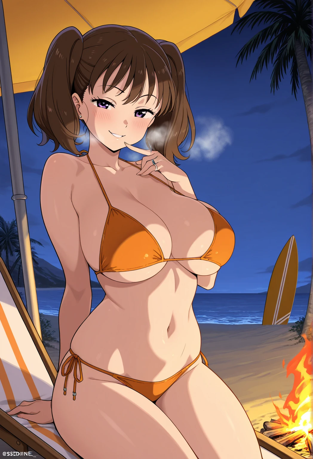 gloria, brown hair, yellow eye, , naked, beach, tube, nipple, pussy, grin