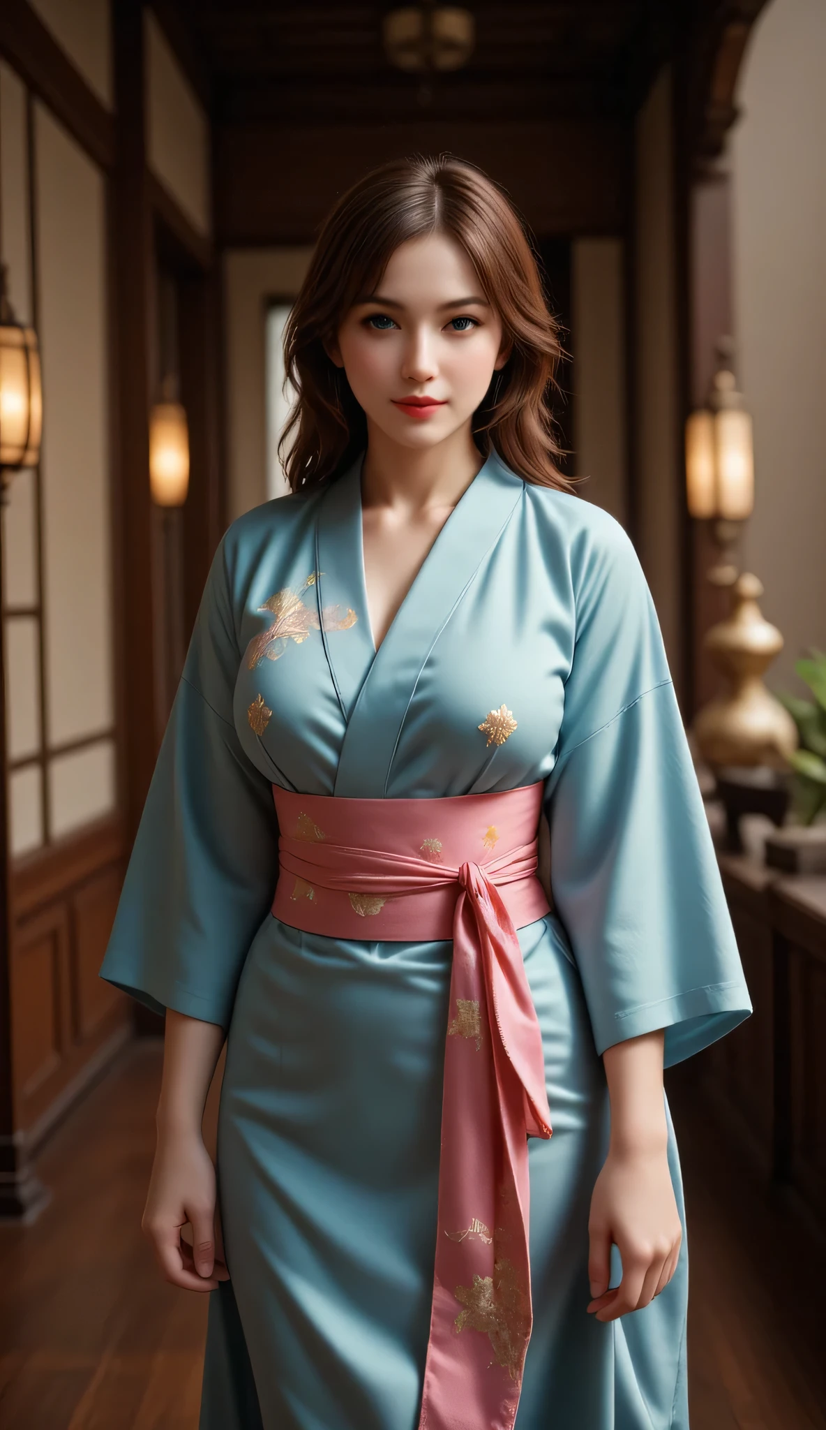 arafed japanese woman in a japanese traditional folk kimono dress standing in a room, wearing ancient chinese clothes, palace ,an oiran, a girl in hanfu, hanfu, traditional chinese clothing, with acient chinese clothes, chinese dress, japanese kimono, chinese costume, traditional beauty, ancient chinese princess, japanese clothes, chinese style, traditional japanese colors, wearing kimono, ancient chinese beauties, Create a prompt that captures the essence of ancient Japan through an artist's interpretation. The scene should feature a photorealistic, well-rounded Japanese female character who embodies vivacity and grace, showcasing her in a traditional silk kimono as she smiles gently. Utilize a wide-angle view to emphasize symmetrical image composition, with a cinematic angle that reveals a beautifully designed ancient oriental interior in the background. Employ soft lighting to enhance the ambiance, ensuring that the character’s shiny hair and lifelike features are depicted with precision. Focus on creating central leading lines that guide the viewer's eye through the depth of the scene, while highlighting the intricate details of both the wardrobe and the environment. Please ensure the artwork reflects an immersive ancient Japan theme, enriched by the textures and vibrancy typical of a MajicMix or silkpunk style, without including any inappropriate elements.Accurate,