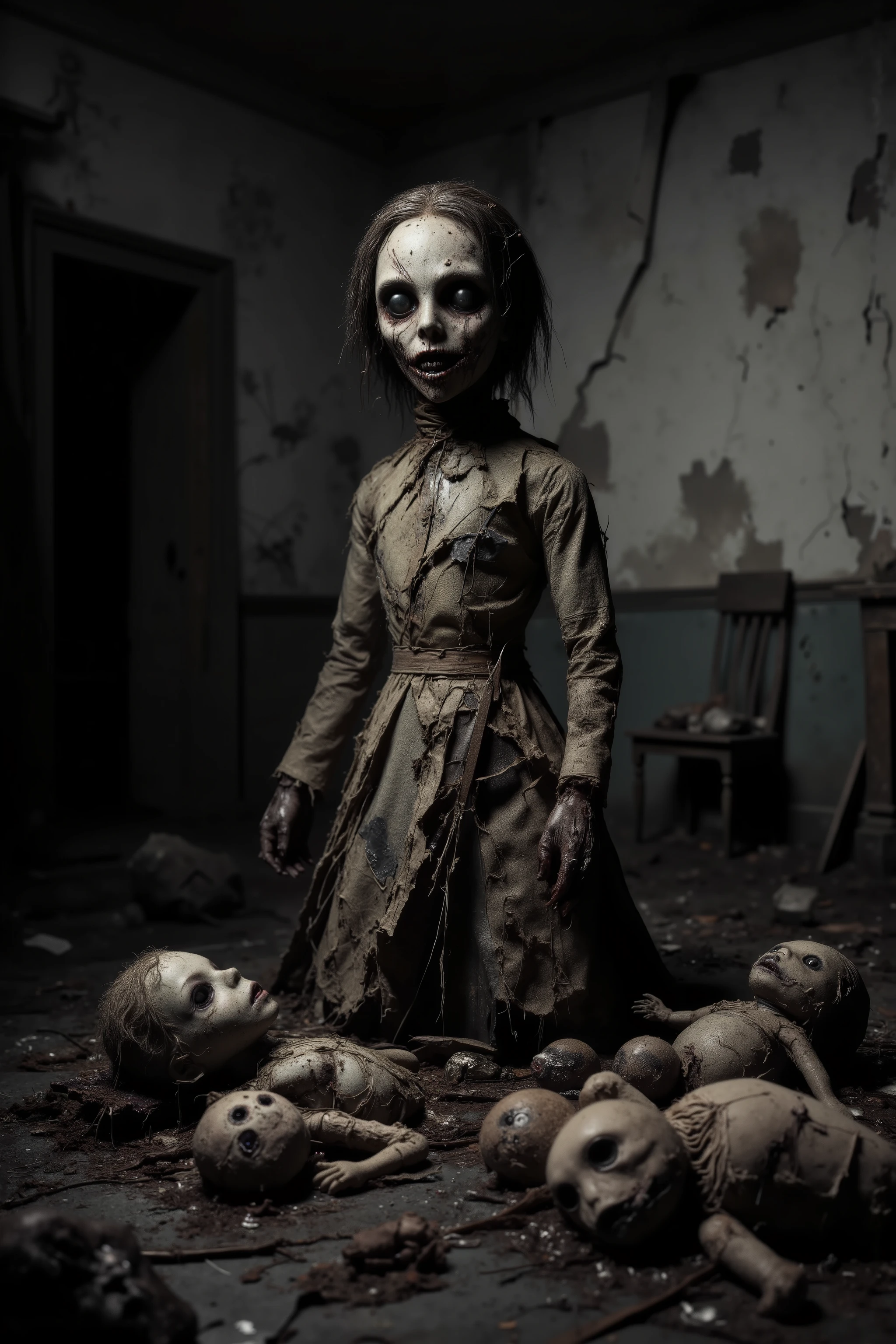 Old lonely bedroom. Walls falling apart. Filthy run down room with toys. One large sad, creepy, morbid, disgusting rag of a doll sitting in a chair. Patches of dark hair on it's head. Torn, dirty fabric, coming apart at the seams. Terrified smaller stuffed animals look around with fear. Startling scene. Horrific evil doll with devil eyes. Sad scene.Macabre. Demonic, creepy doll. Iconic images. Depressing scenes. Photo-realistic, ultra-detailed, realism, portrait photography,cinematic portrait, cinematic photography, UHDR, full focus, highest quality, cinematic lighting, attention to detail,optical illusions, unique, cinematography, best quality, masterpiece.